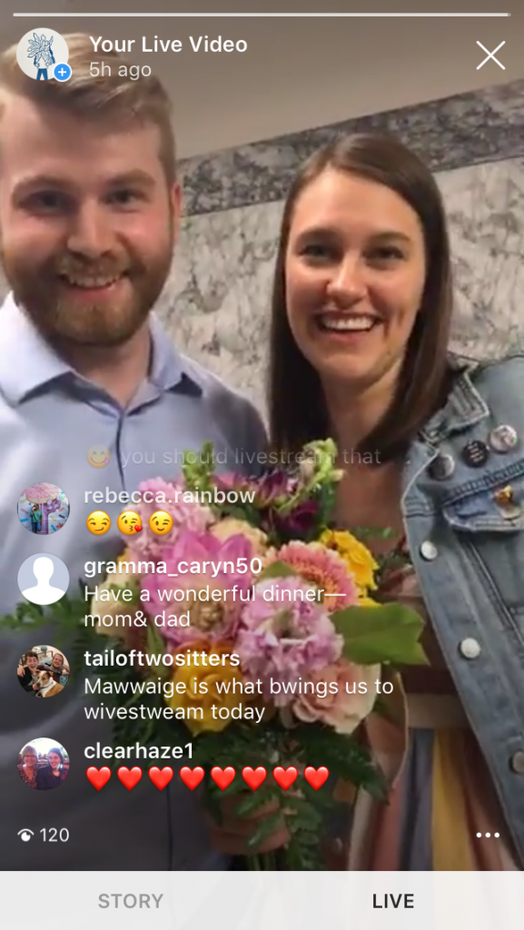 A screenshot of Ian and Kaila at their Instagram Live wedding
