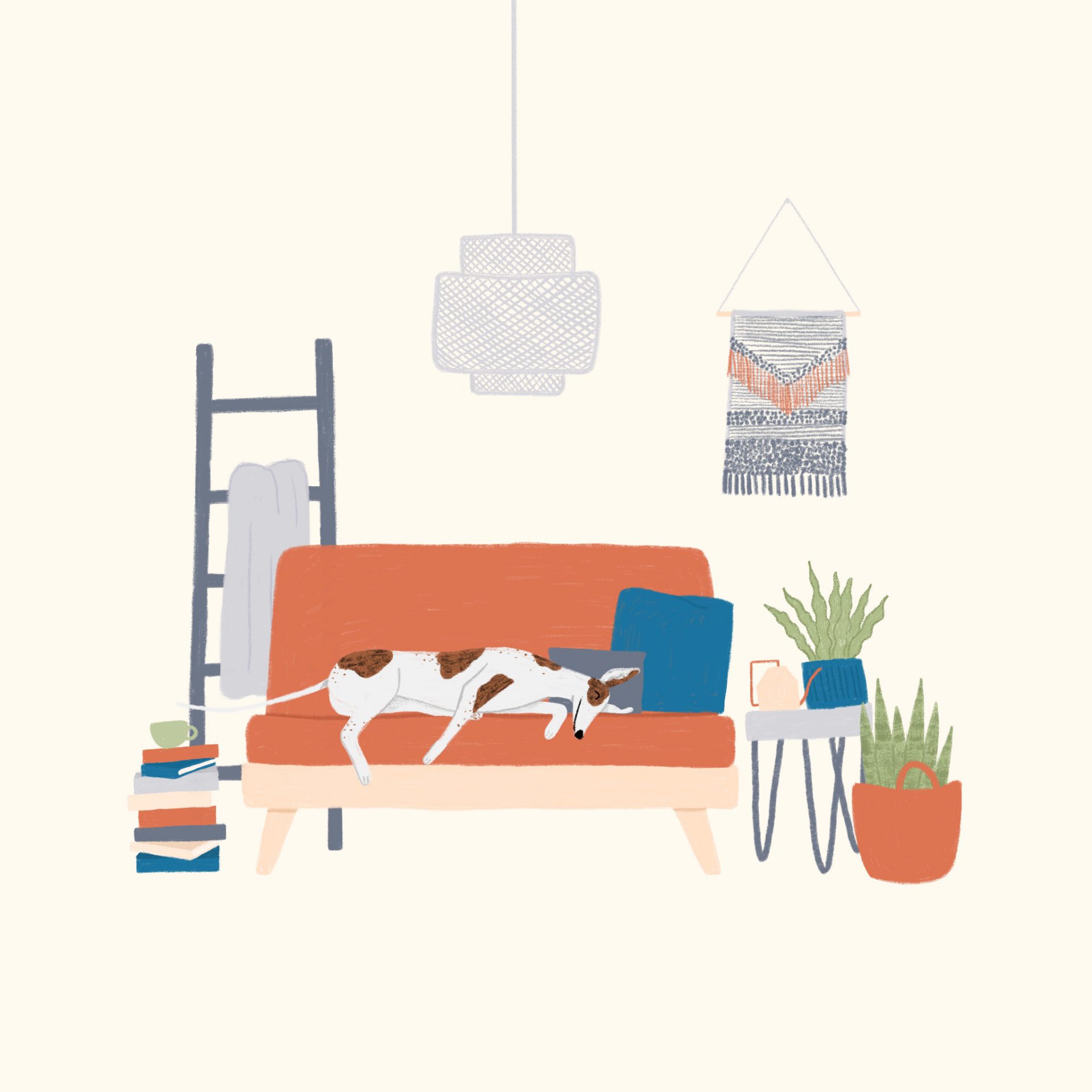 Illustration of a greyhound in a living room