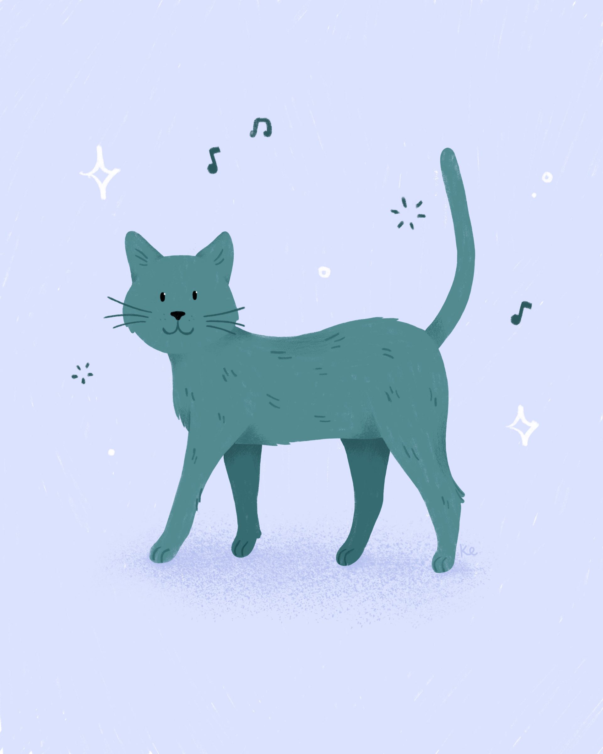 illustration of a blue cat in a walking position with stars and music notes around her. The background is a pale purple colour.