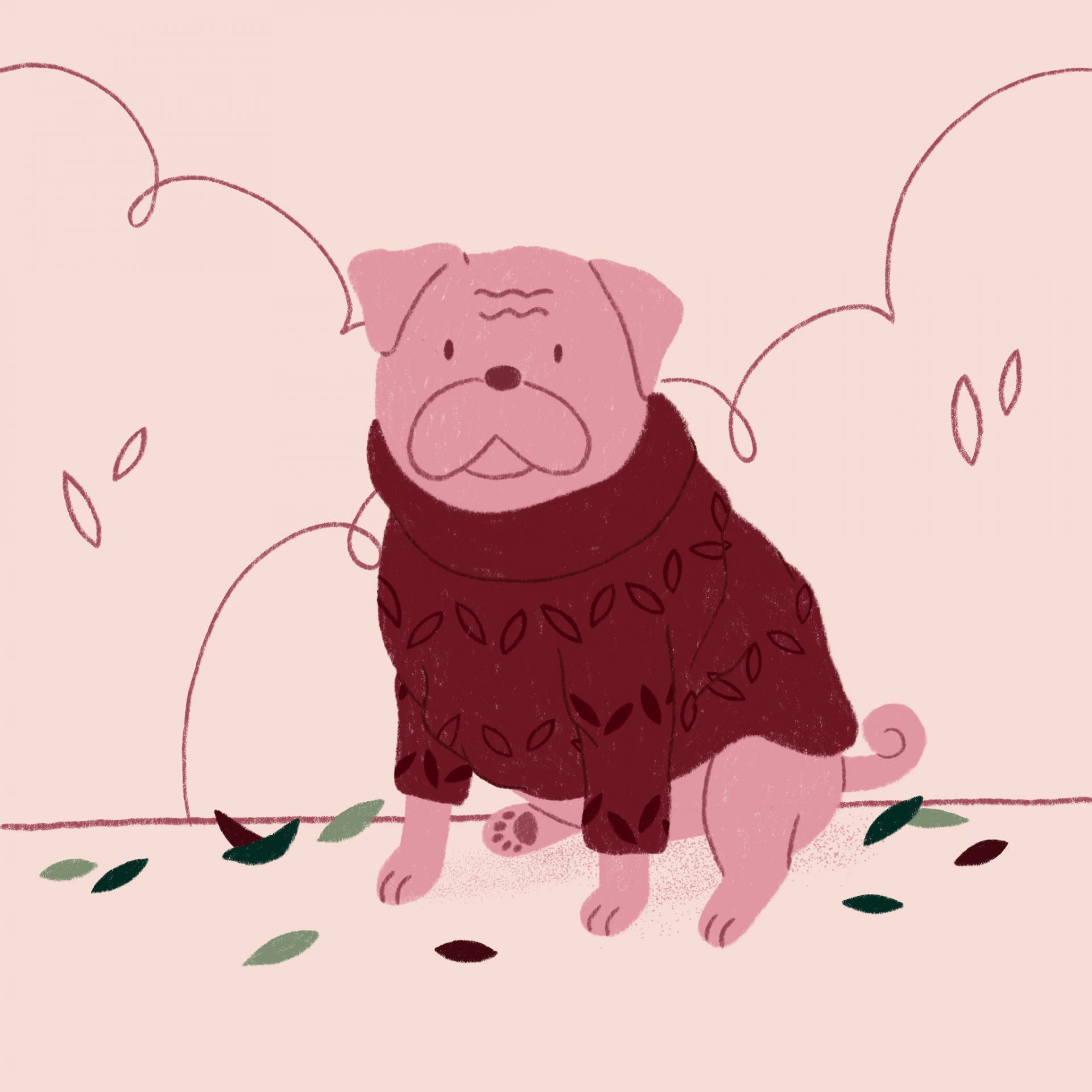 An illustration of a pug wearing a sweater