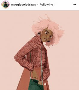 An illustration by Maggie Cole of a pink haired woman rummages in her purse