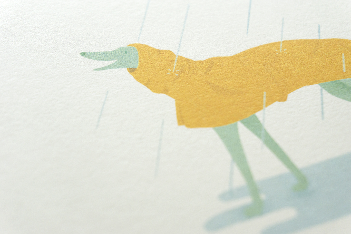 Closeup of a print of a blue greyhound wearing a yellow raincoat in the rain