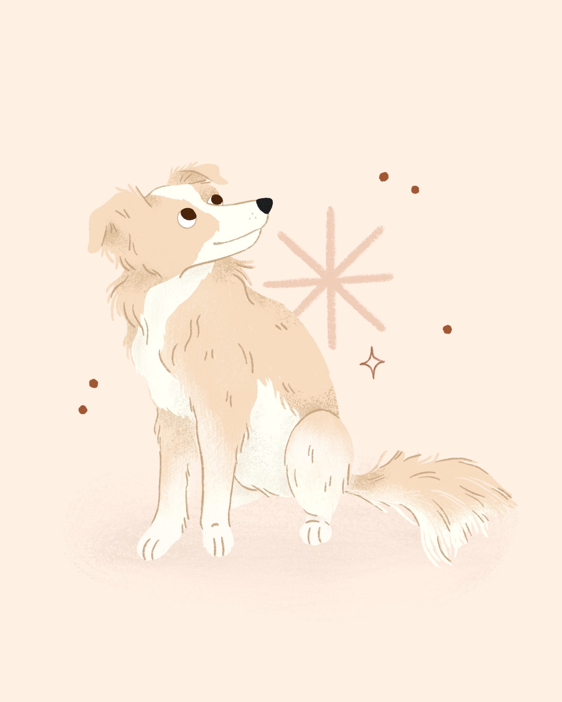 An illustrated portrait of a small floofy white and tan dog