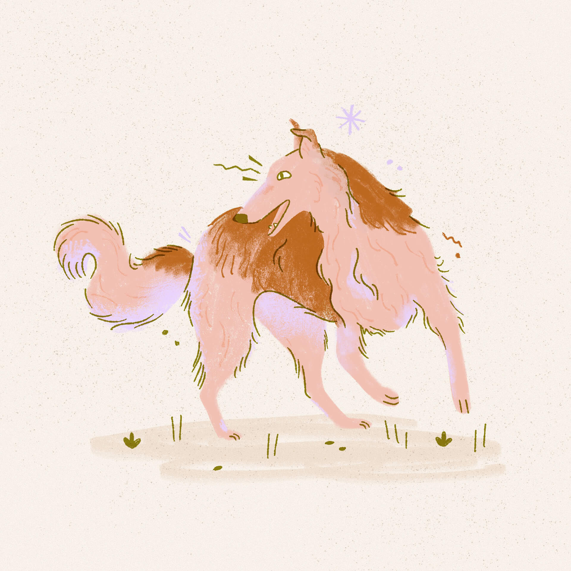 A colourful illustration of a pink and orange borzoi swiftly turning
