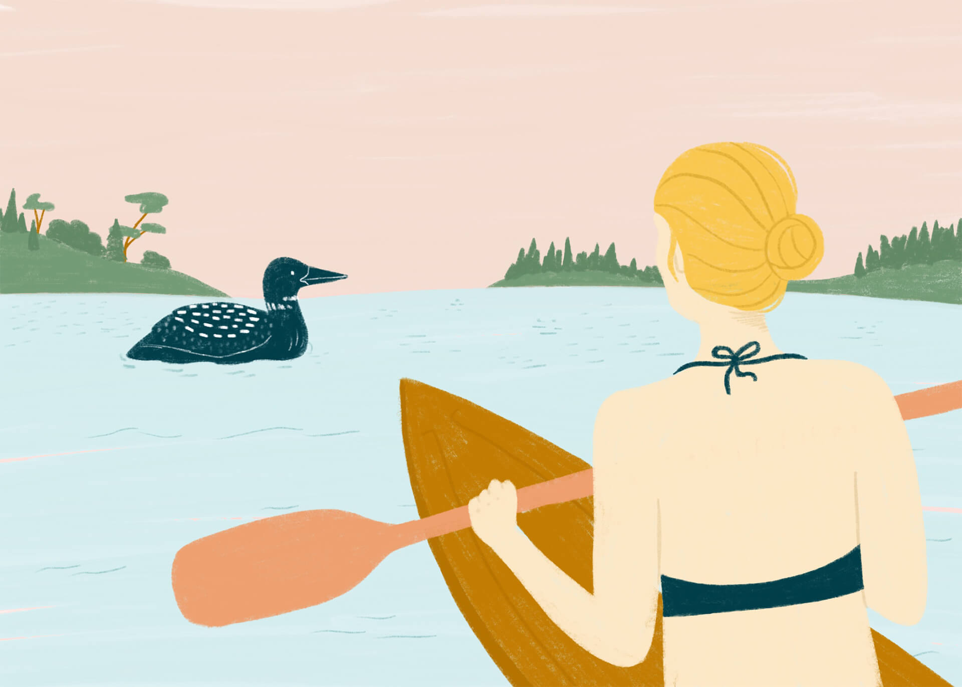 An illustration of a girl in a swimsuit in a canoe looking out across a lake where a loon is swimming