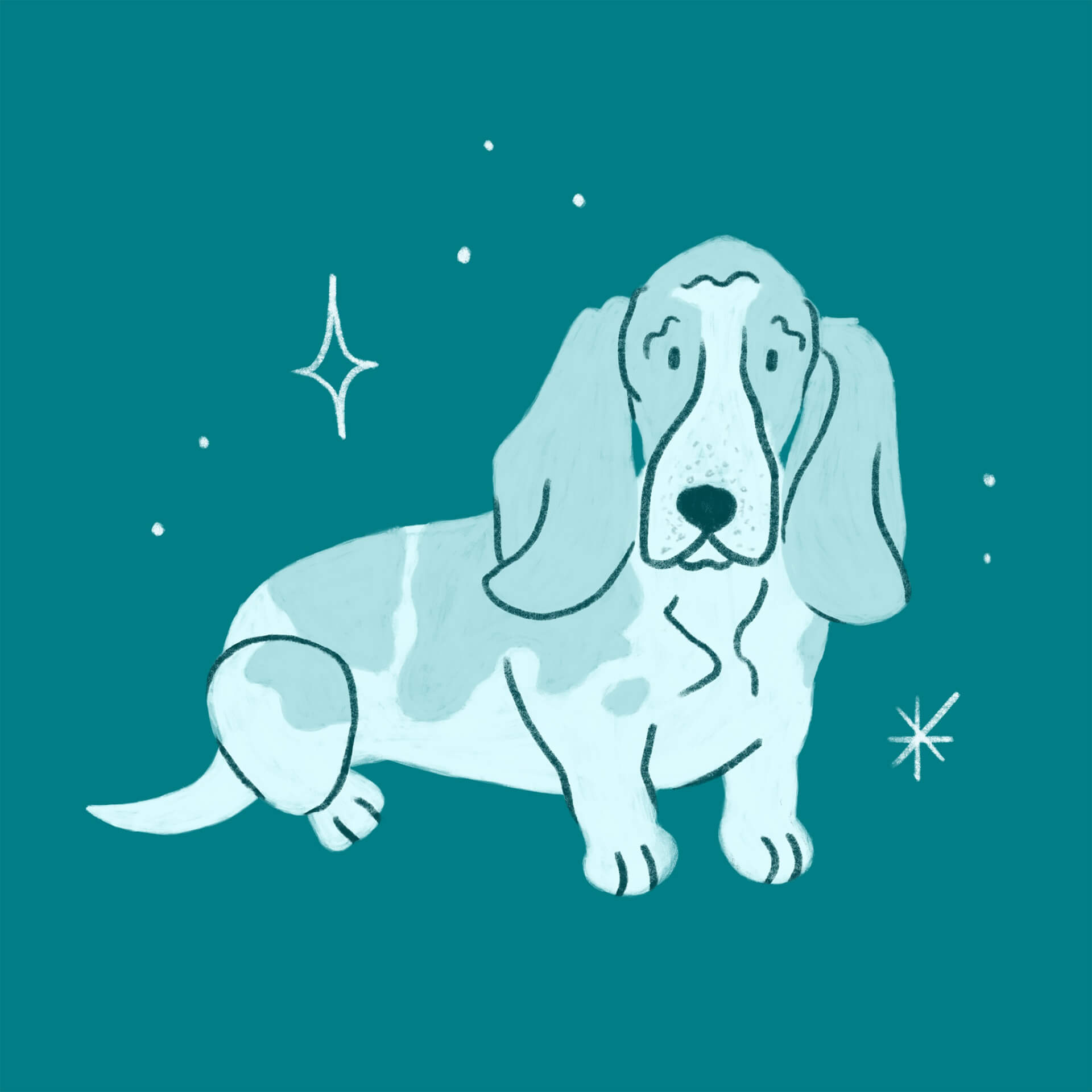 An illustration of a blue basset hound sitting and looking at the viewer