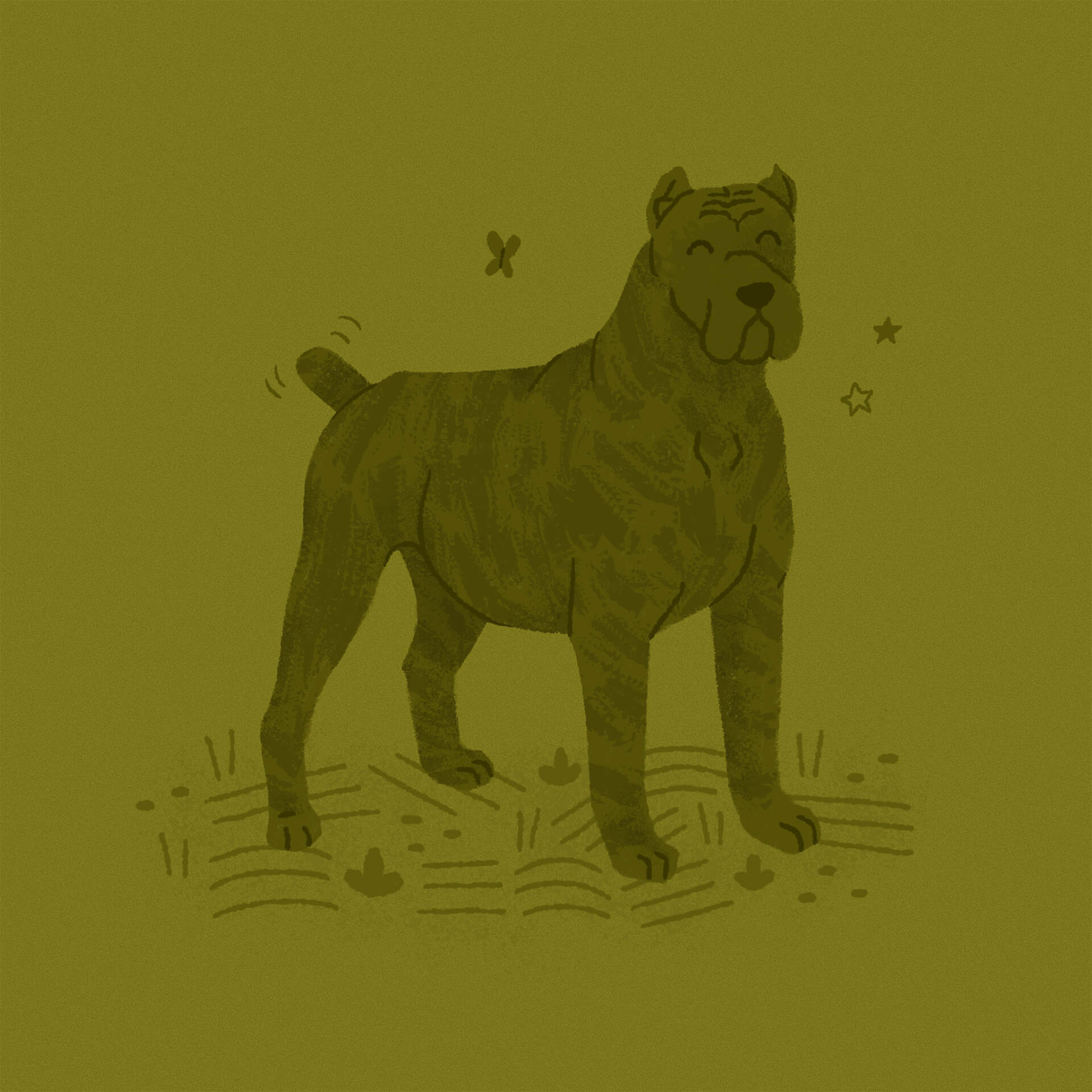 An illustration of a green cane corso dog smiling with butterflies around it