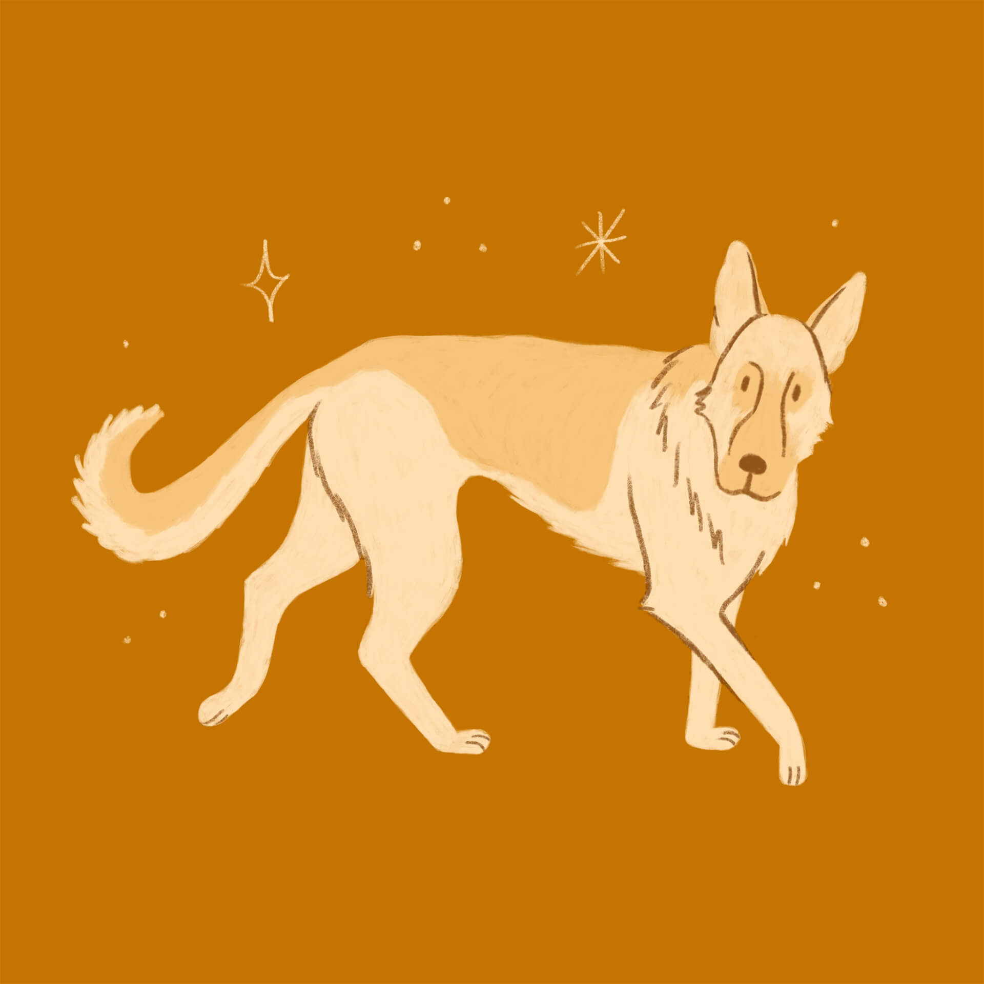 An illustration of an orange german shepherd dog taking a stroll