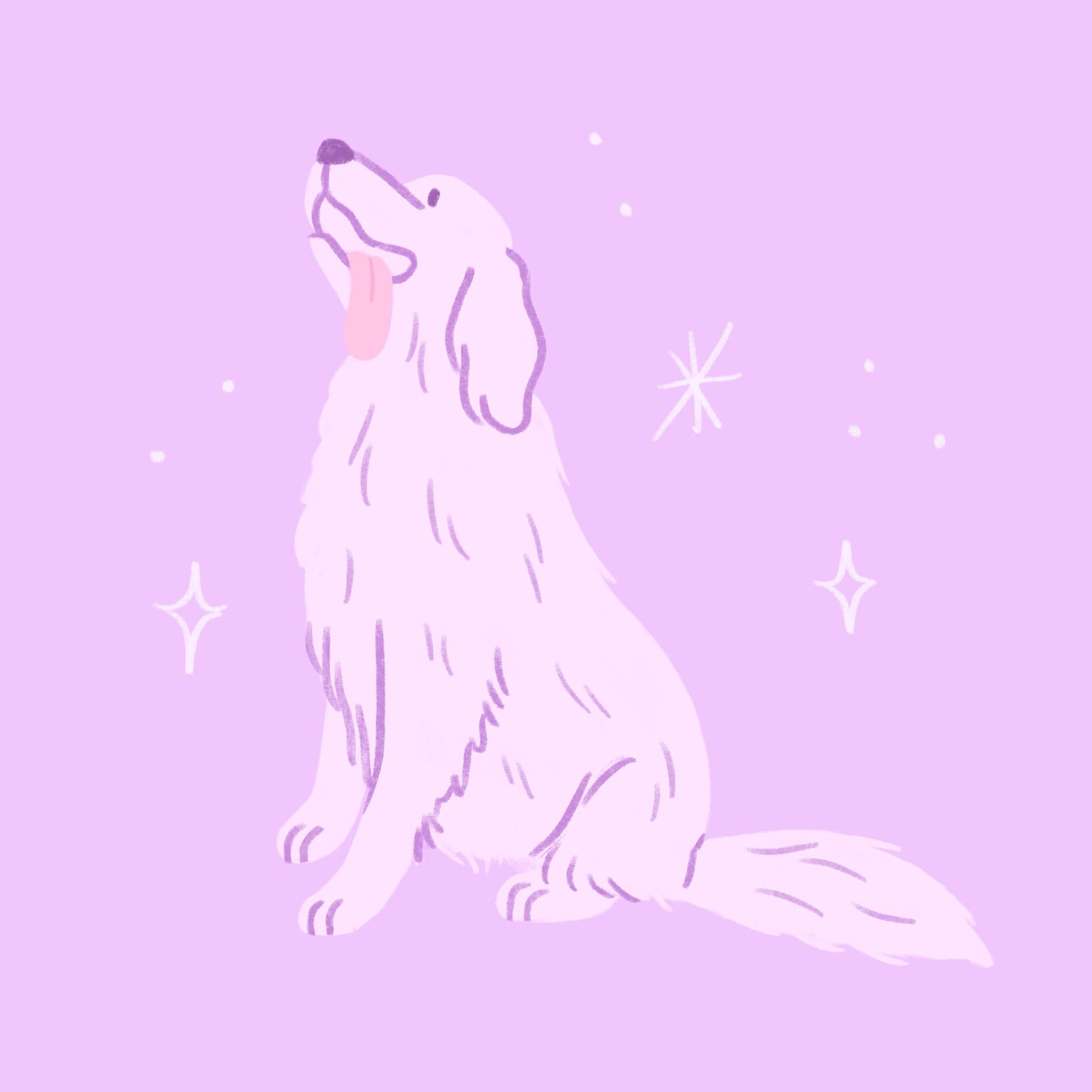 An illustration of a pale purple golden retriever smiling and looking upward