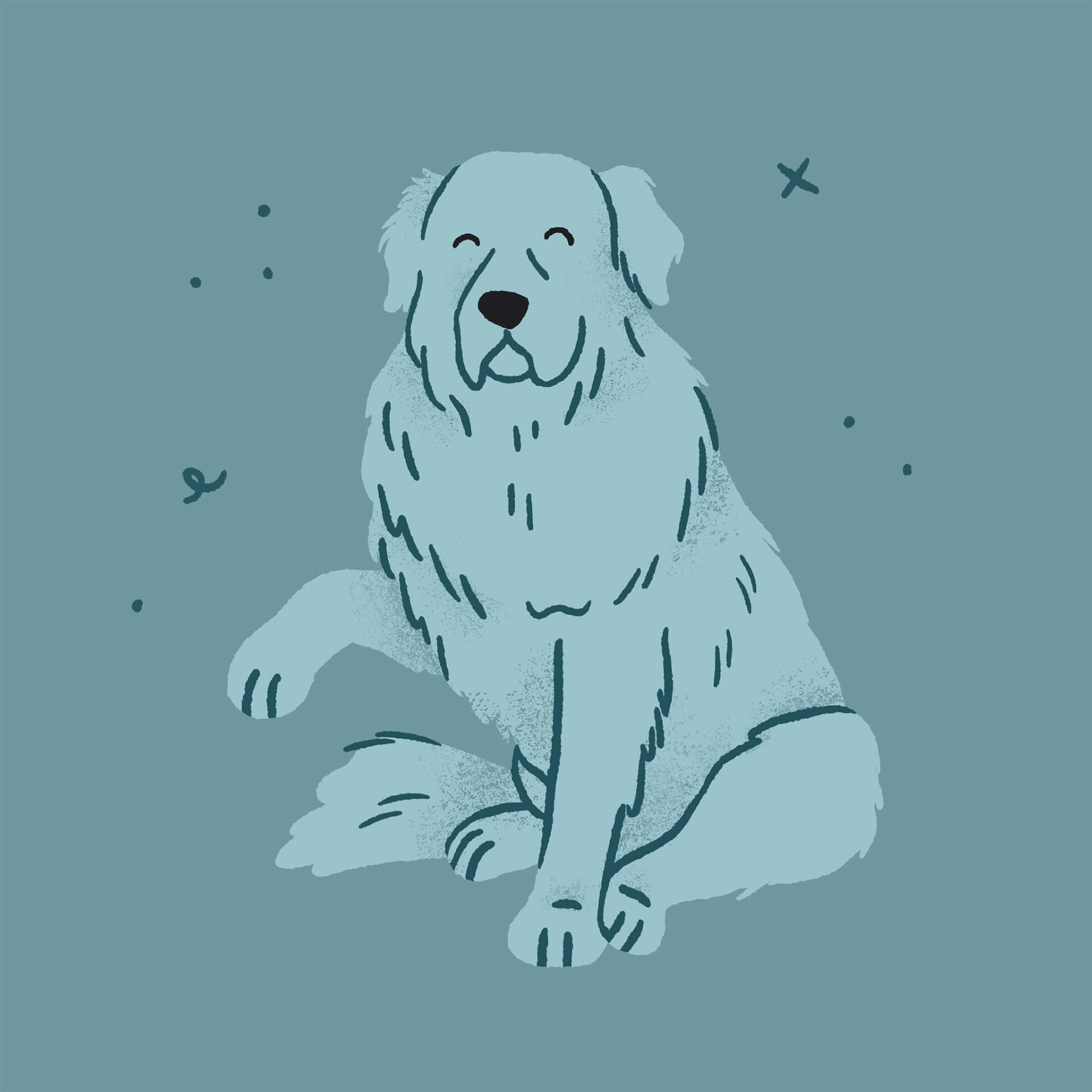 An illustration of a blue great pyrenees sitting with its paw raise