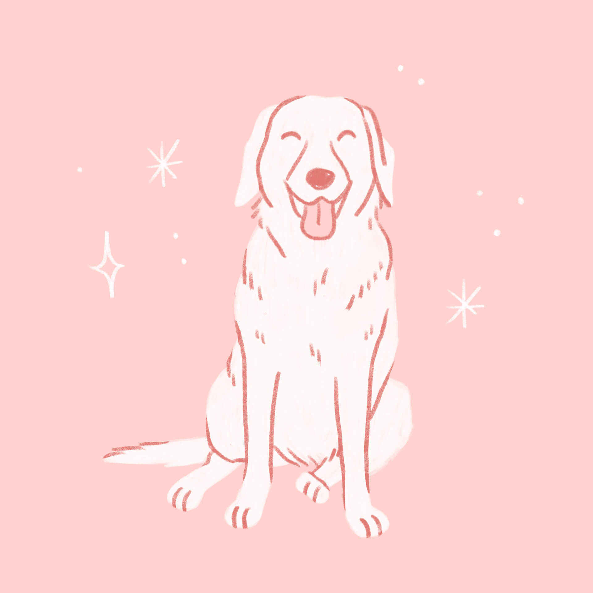 An illustration of a pink labrador sitting and smiling at the viewer