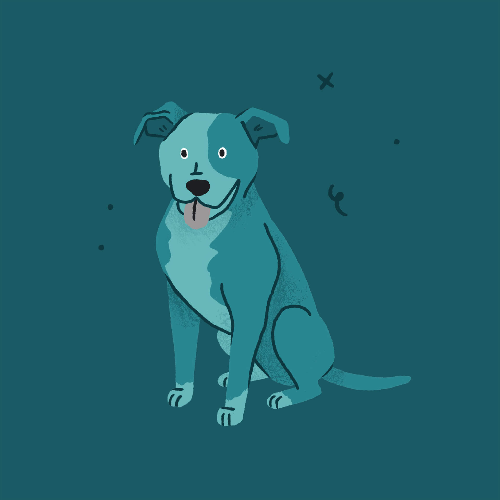 An illustration of a blue pitbull dog sitting and smiling with its tongue out