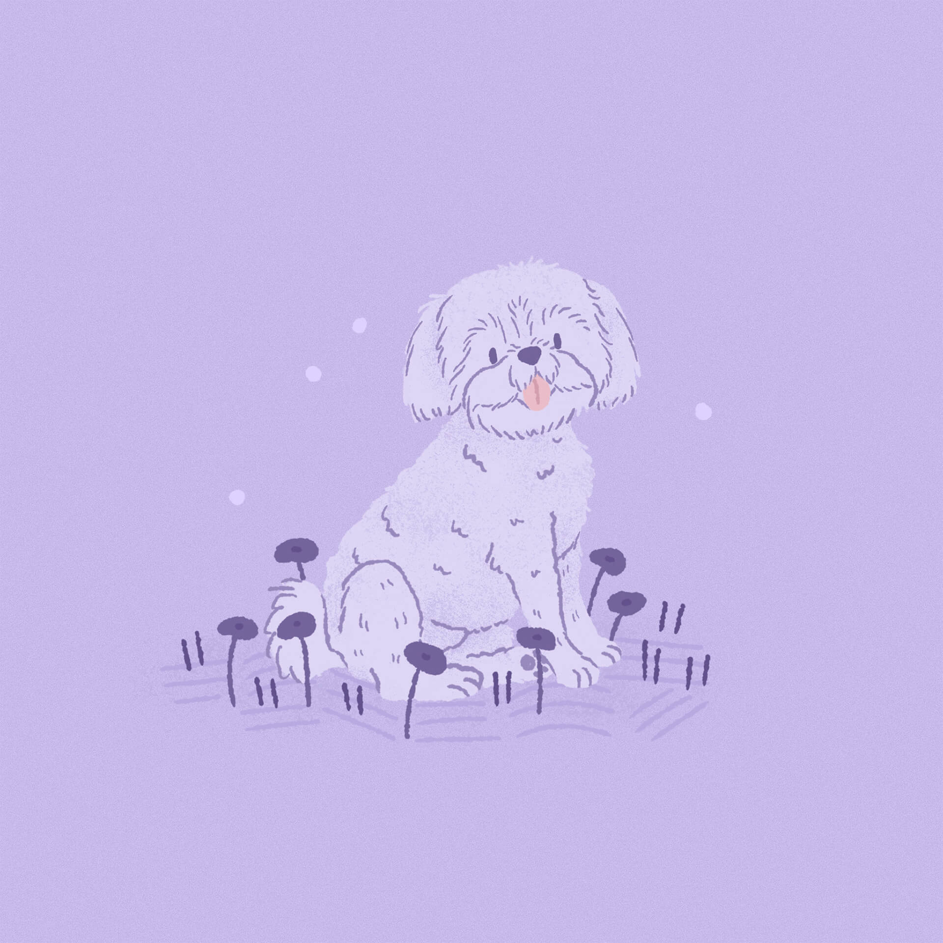An illustration of a purple shih tzu sitting in some flowers