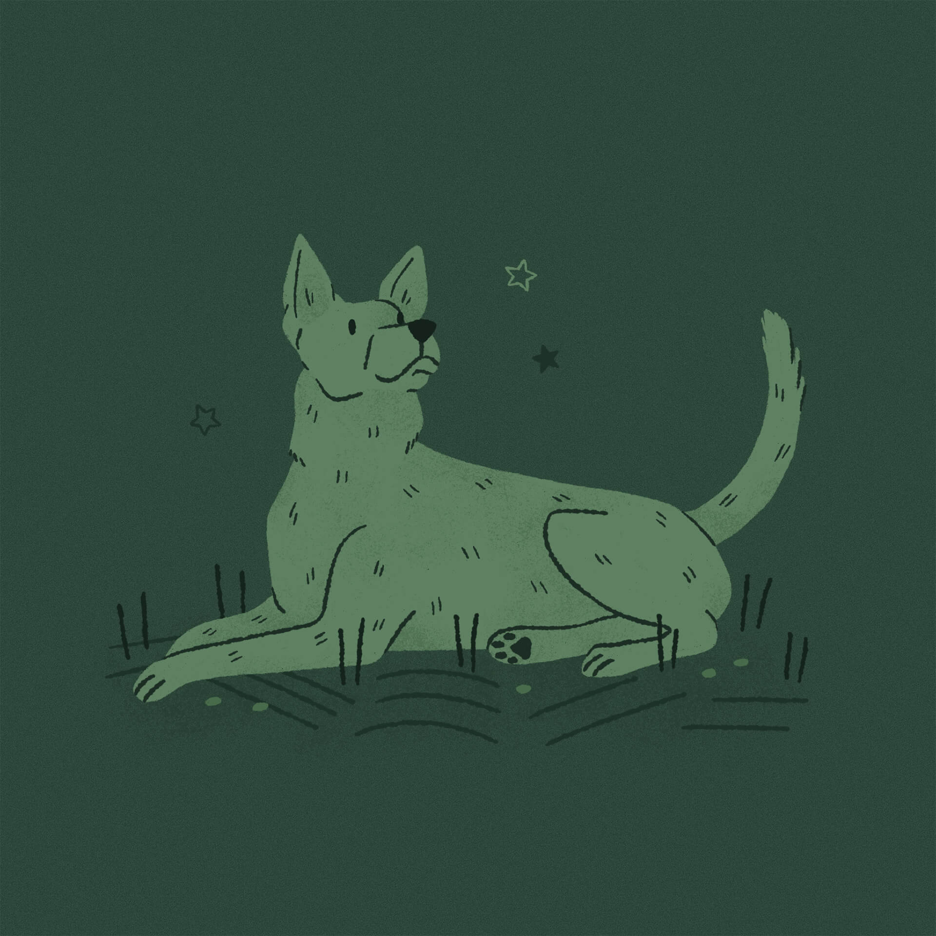 An illustration of a green Taiwan Mountain Dog laying down