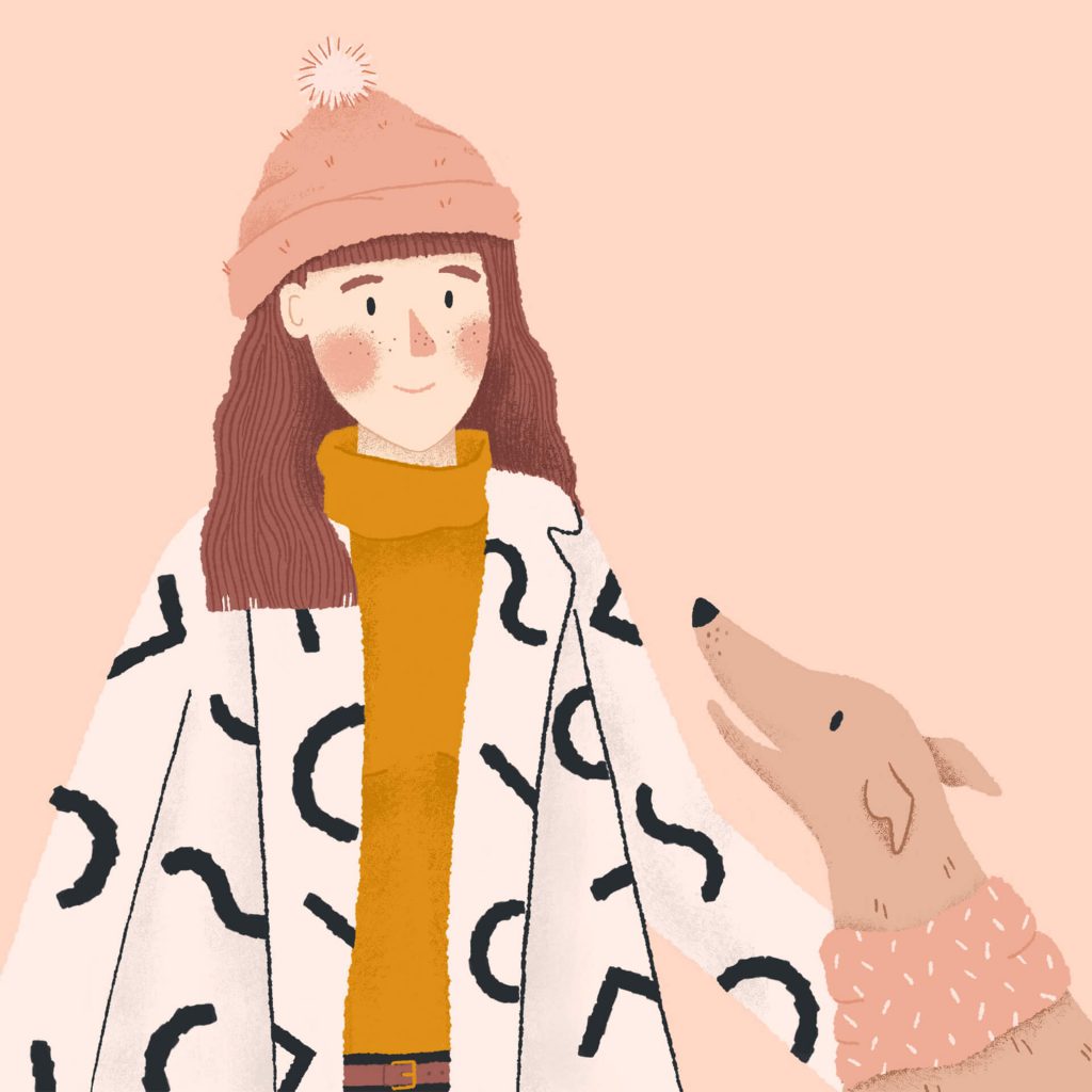 An illustration of a girl in winter outerwear with her greyhound