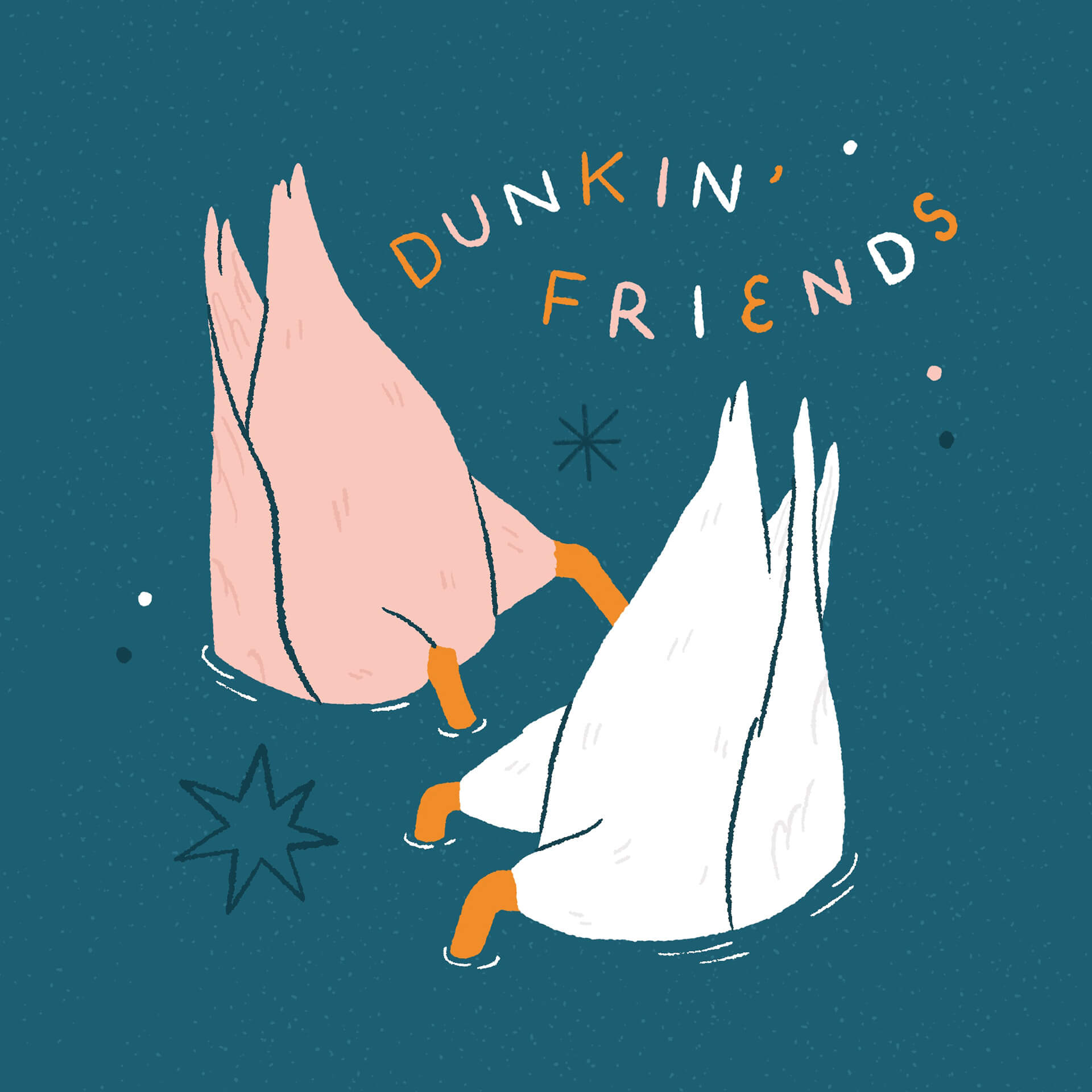 an illustration of two ducks dunking their heads under the water