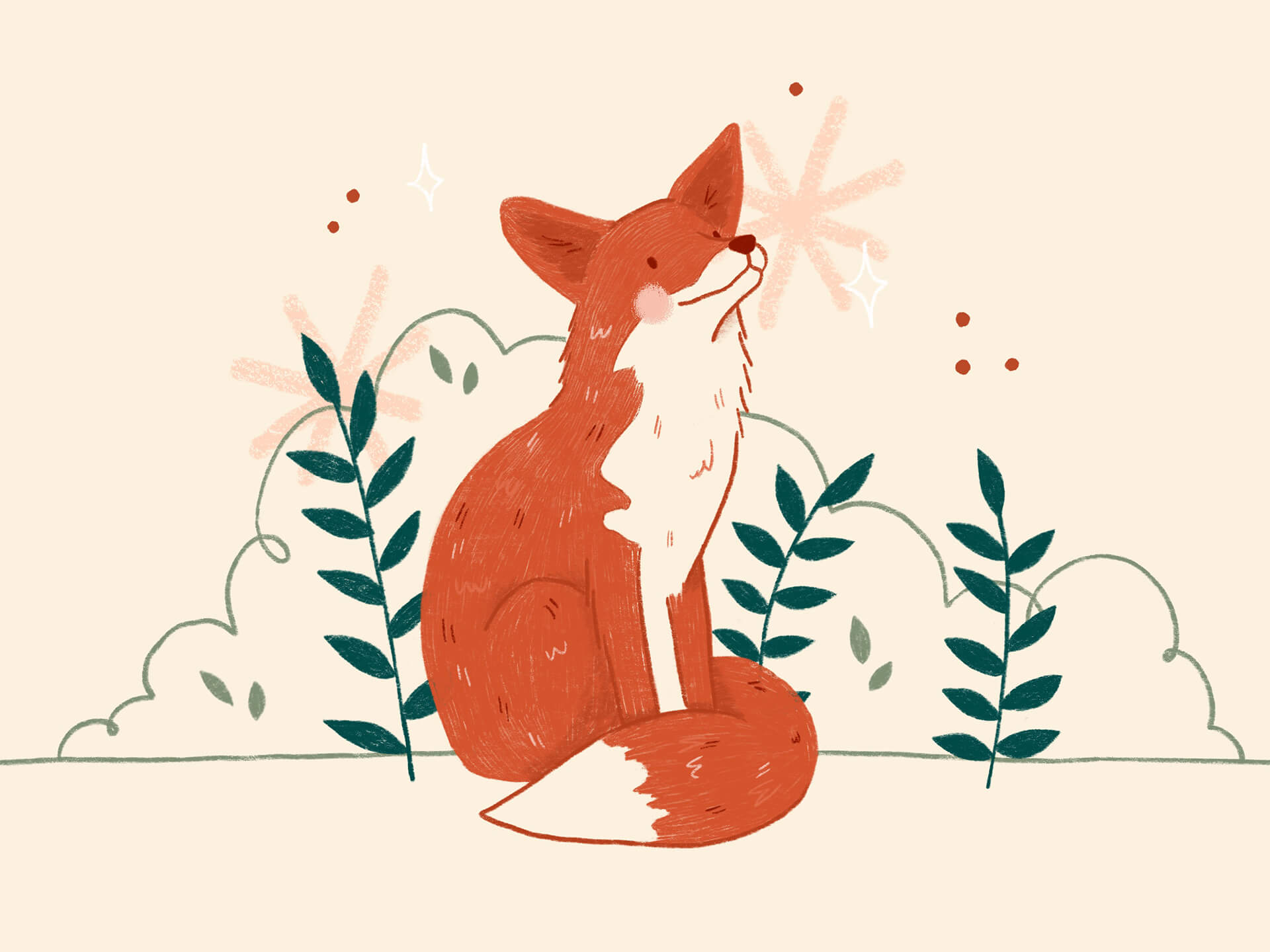 An illustration of a fox by some bushes and plants