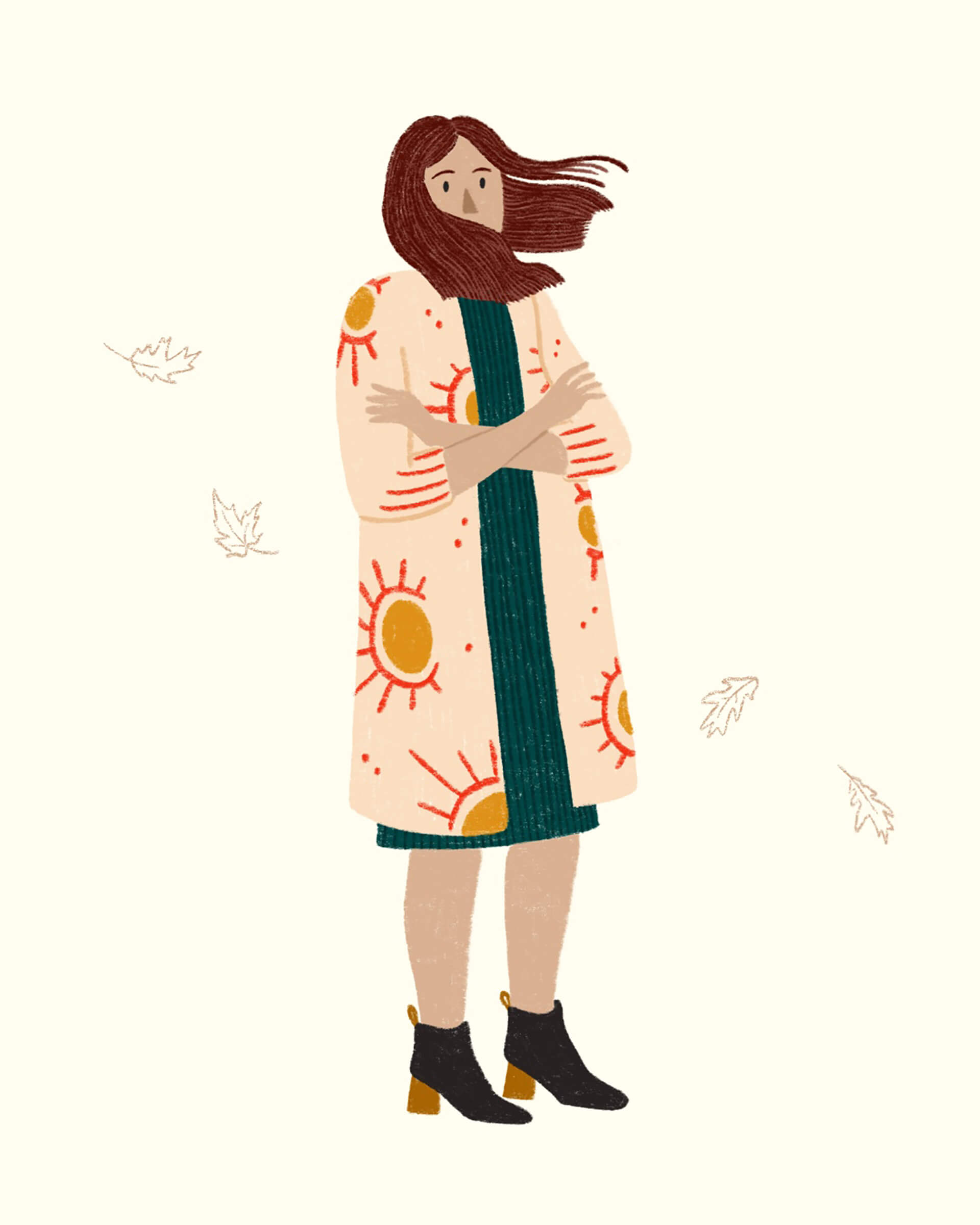 An illustration of a girl with her arms crossed in a fall breeze. She is wearing a coat with a cool red pattern on it.