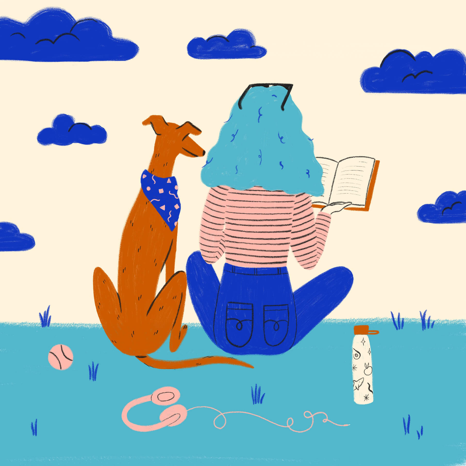 Illustration of a girl sitting with her dog and reading a book