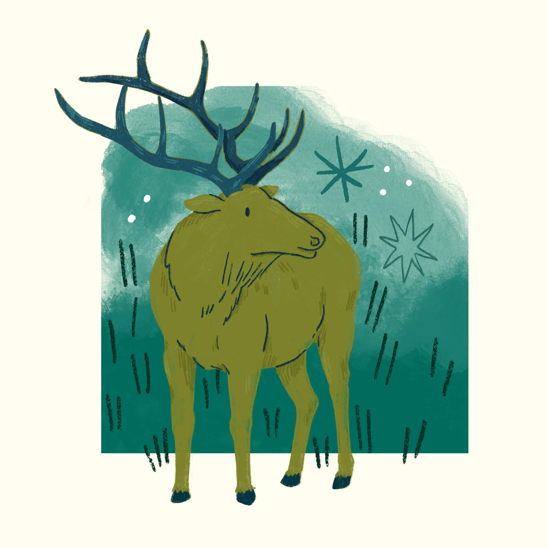 An illustration of a green elk with navy antlers, standing in front of a watercolour blue background