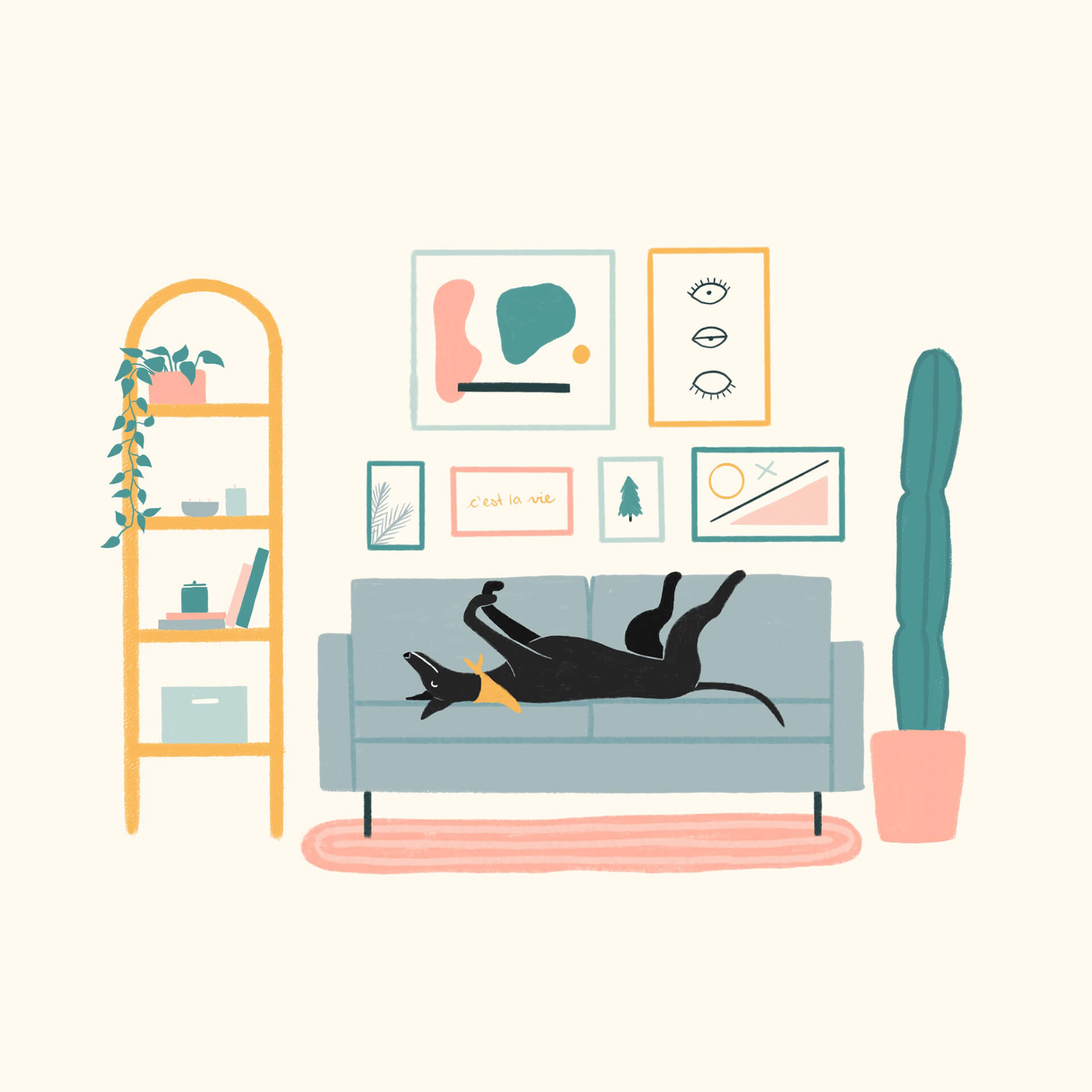 Illustration of a black greyhound in a living room