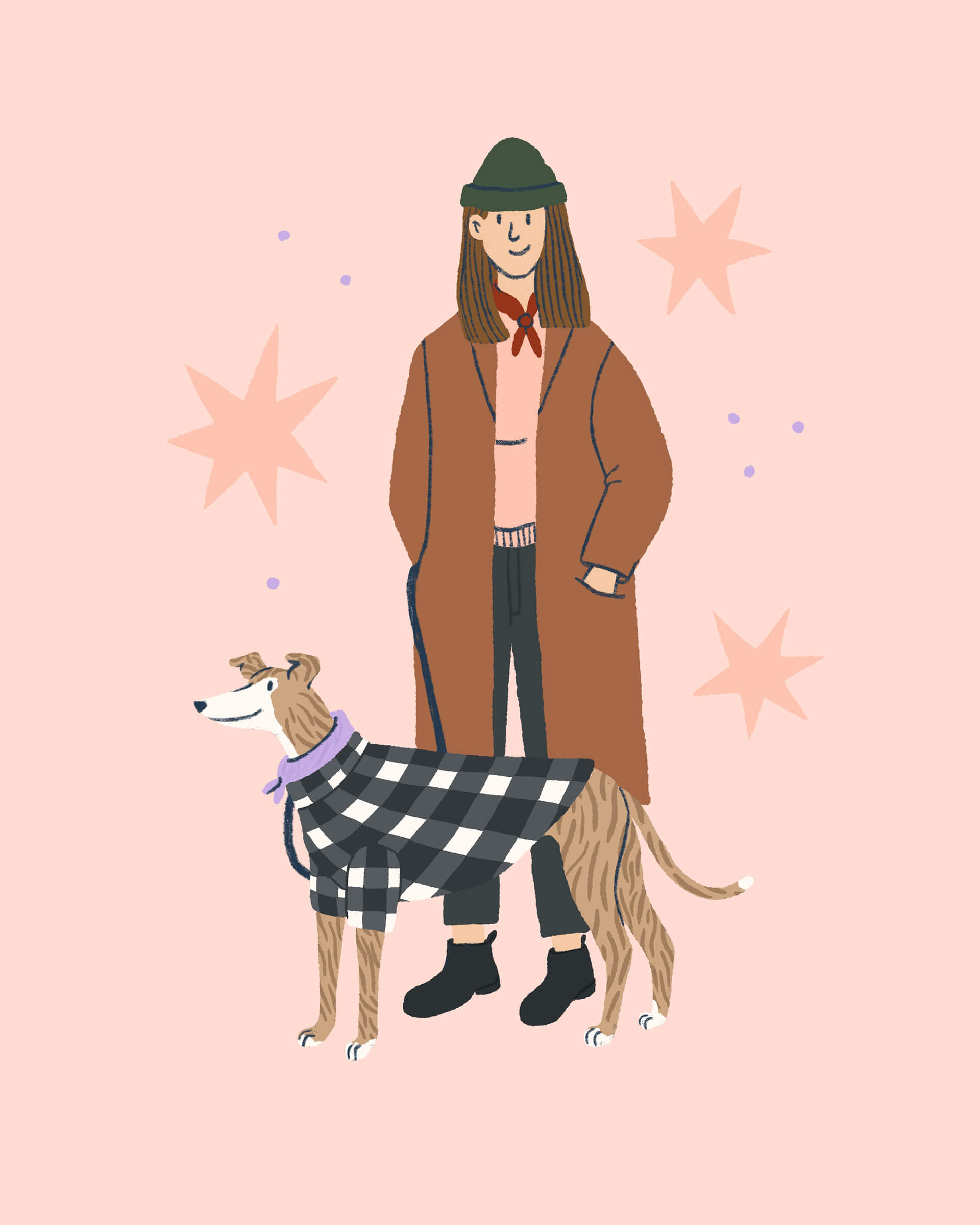 An illustration of a girl in a winter coat and beanie standing with her hands in her pockets. A greyhound in a plaid sweater is standing in front of her.