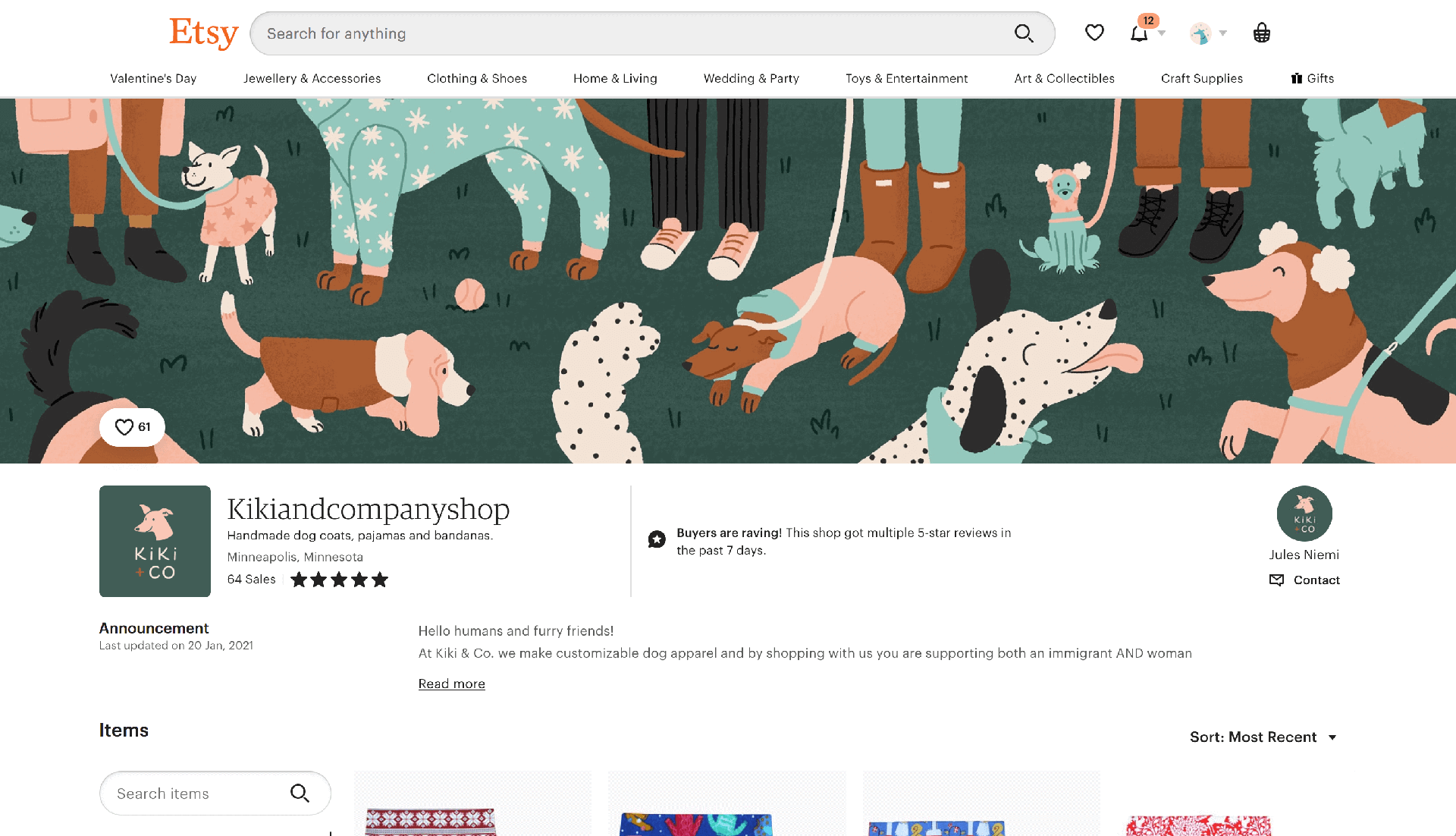 A screenshot of the Kiki&co etsy store with a header illustration of outfitted dogs in a dog park