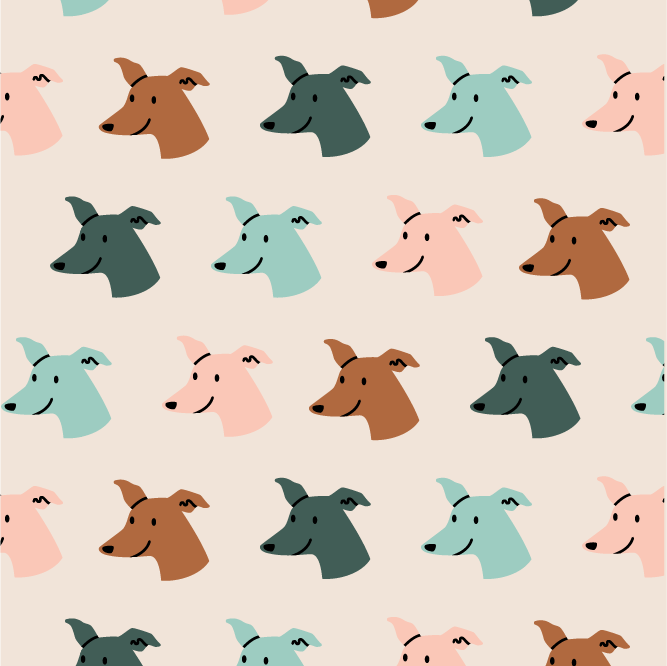 A pattern of whippet head illustrations, in pink, green, orange, and light blue