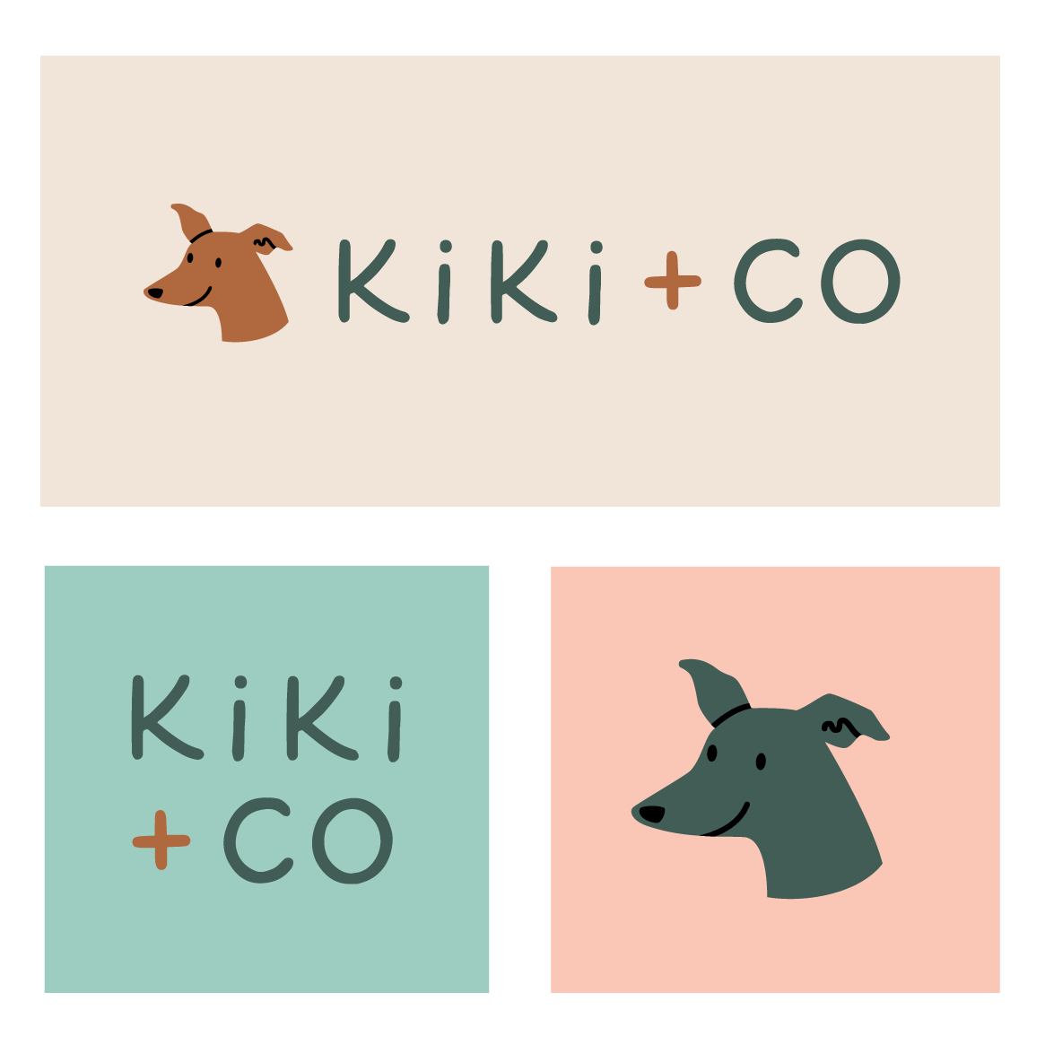 Kiki & Co's logo in various colour ways and arrangements