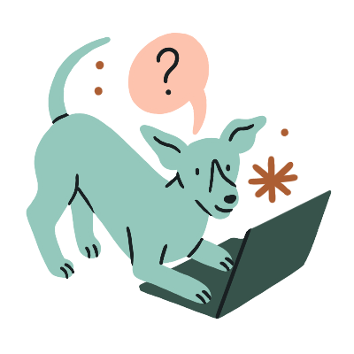 A blue whippet crouches on a green laptop with a question mark above its head