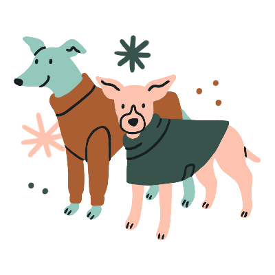 An illustration of two small dogs wearing jackets and sweaters