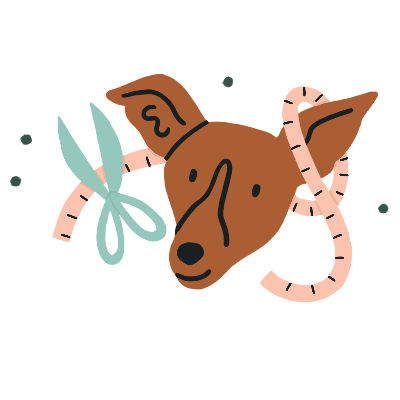 An illustration of a whippet with measuring tape and sewing scissors