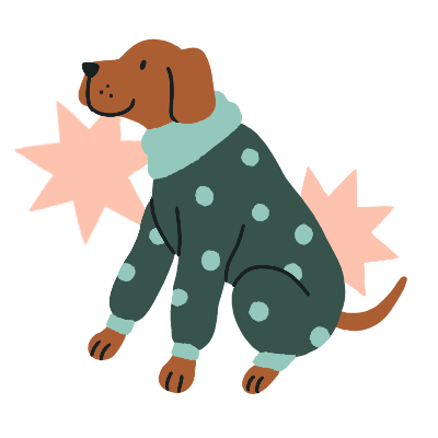 An illustration of a great dane wearing a green and blue polka dot pyjama onesie