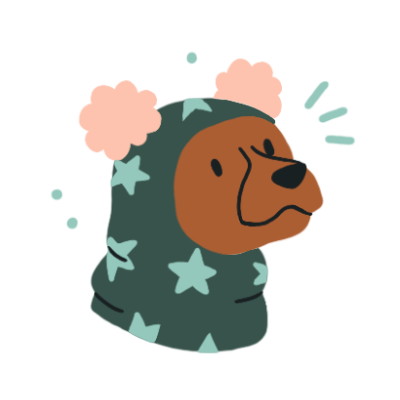 An illustration of an orange dog wearing a green snood with pink pom poms