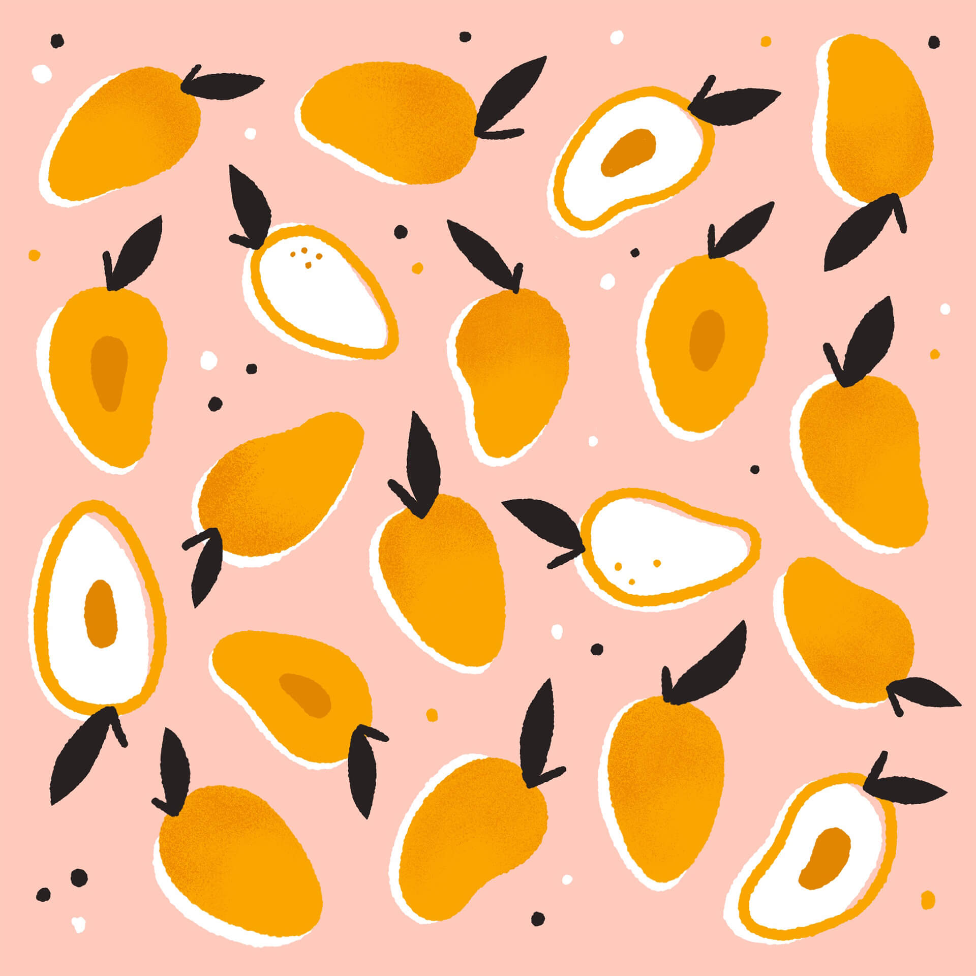 An illustrated pink and orange mango pattern