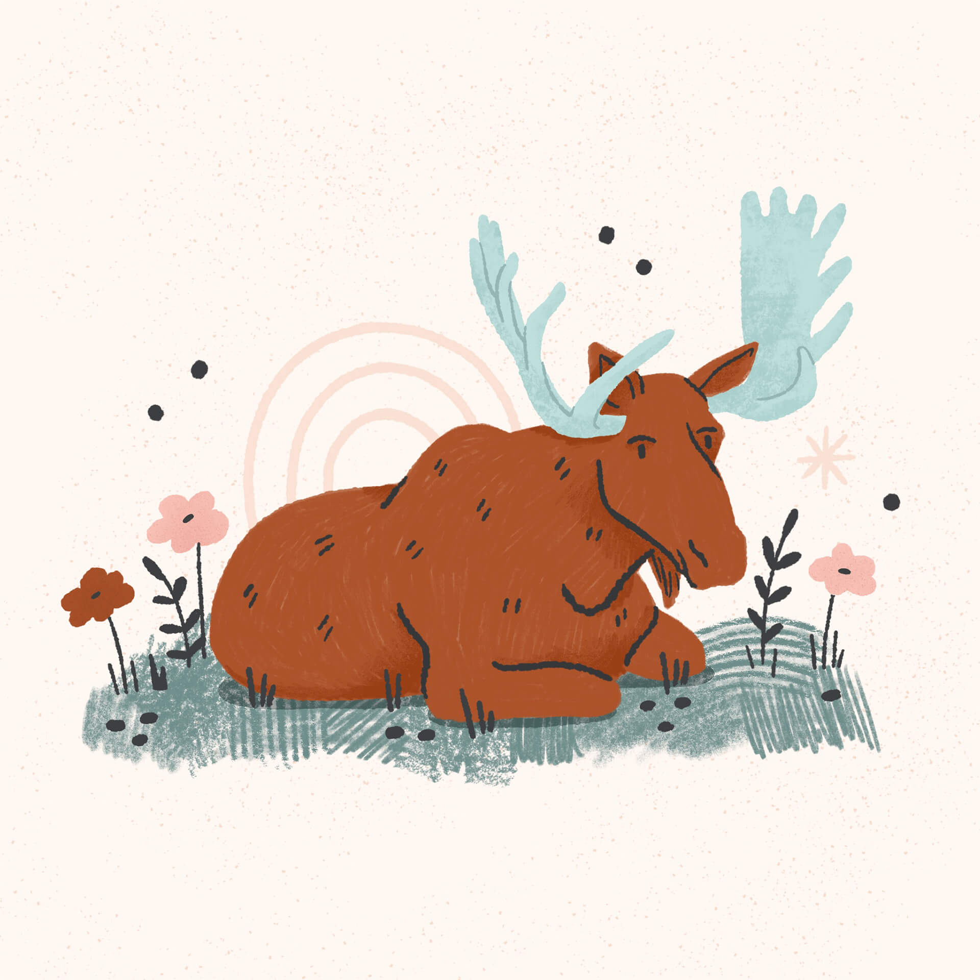 An illustration of an orange moose with blue antlers resting amid some plants and flowers