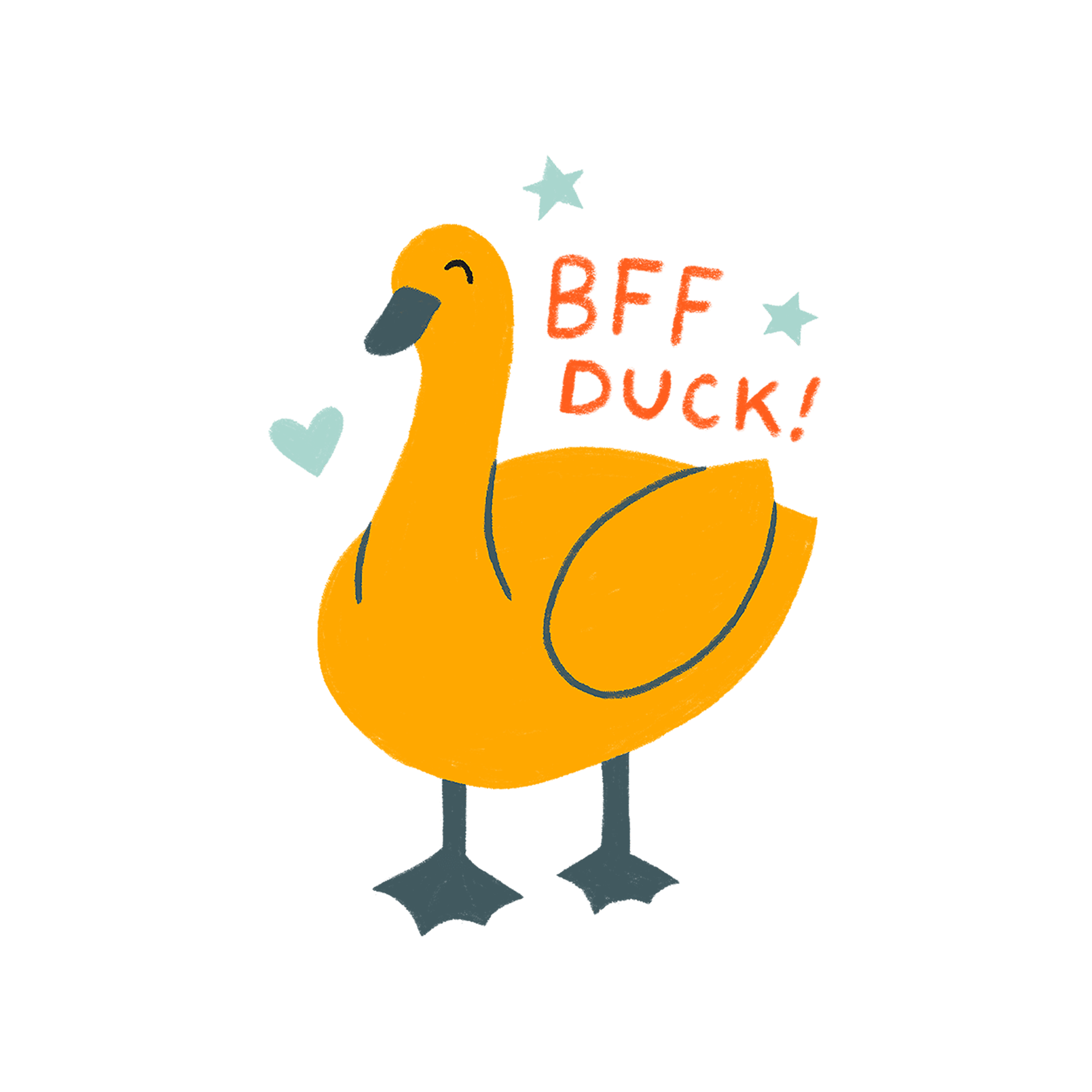 An illustration of a smiling yellow duck with the words 