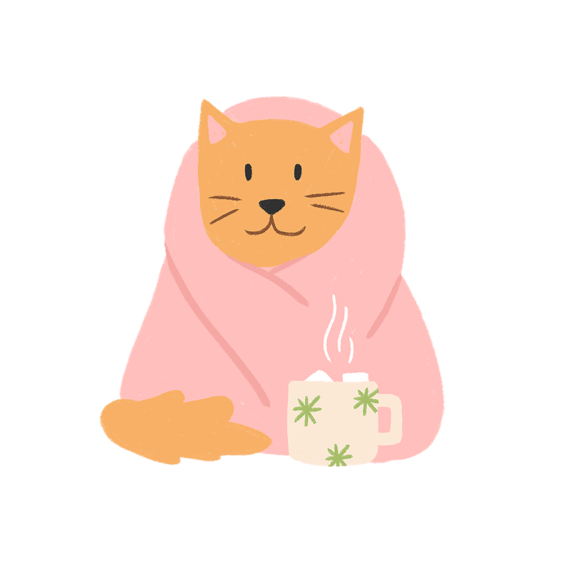 An illustration of an orange cat swaddled in a pink blanket, with a mug of hot cocoa next to it