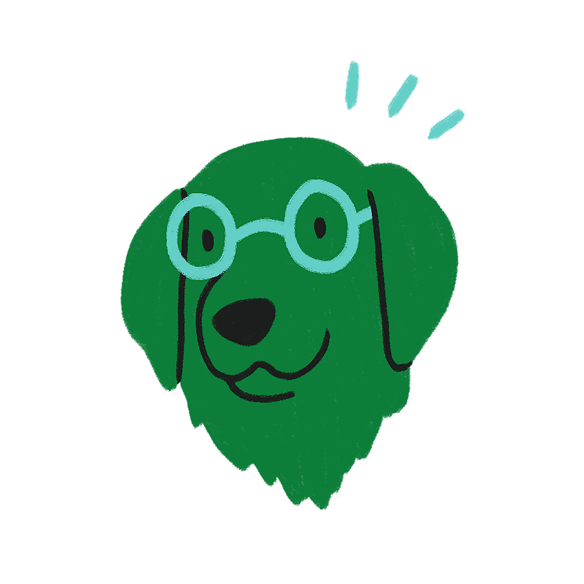 Illustration of a green dog with blue glasses on
