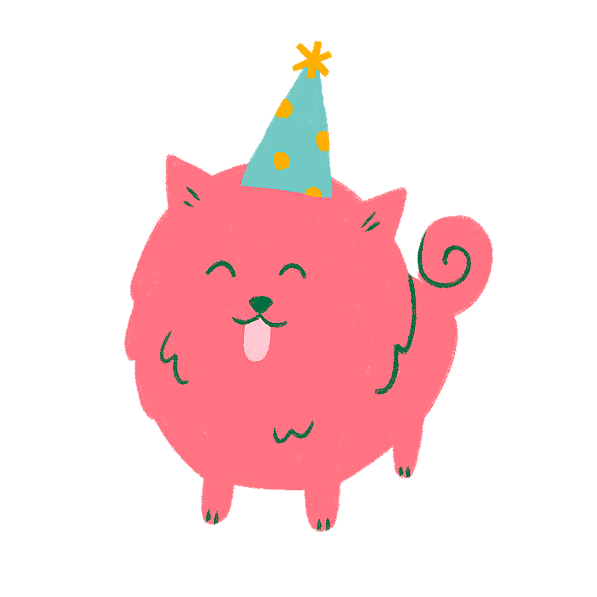 An illustration of a pink pomeranian with a blue party hat on