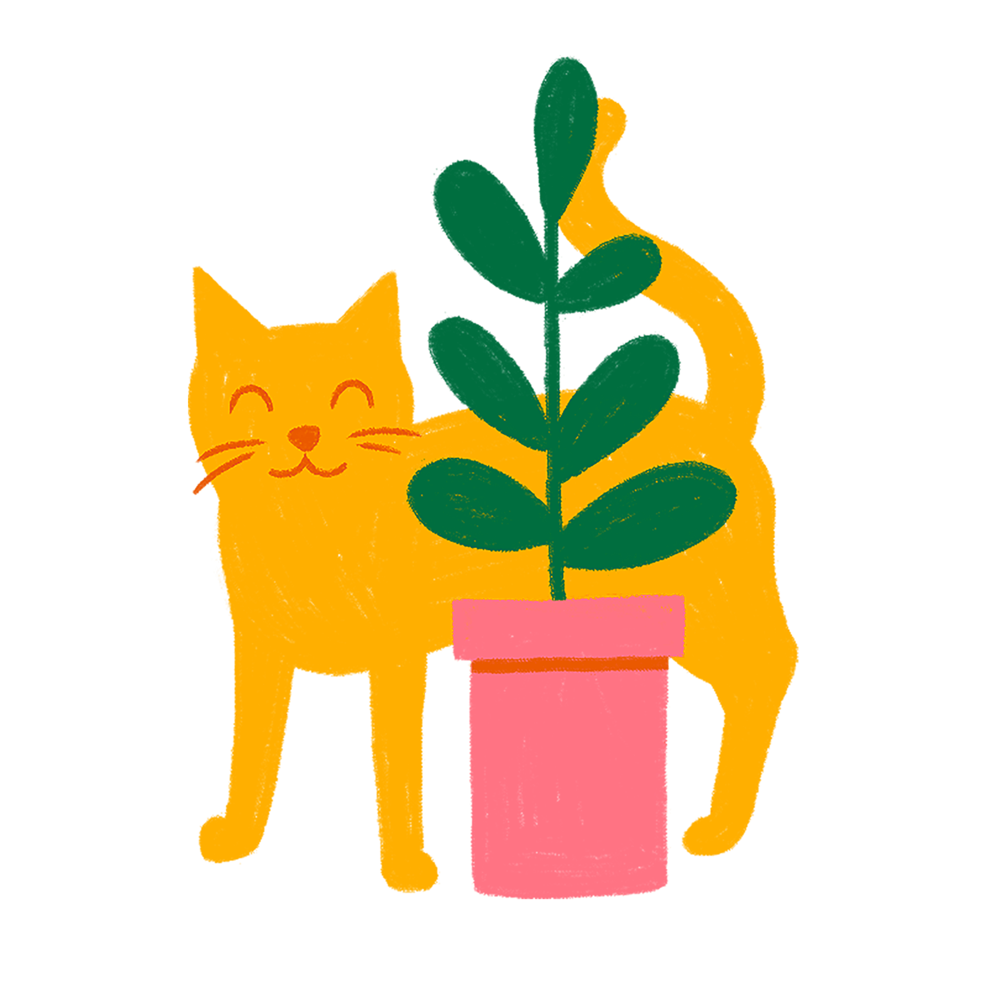 An illustration of a yellow cat smiling behind a plant in a pink pot