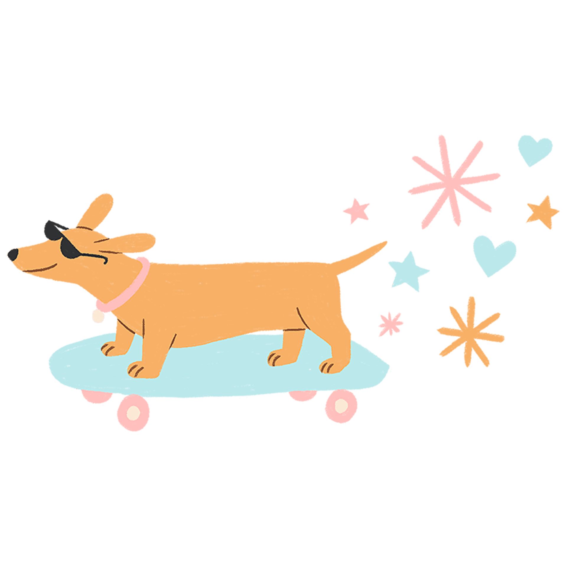 An illustration of an orange dog wearing sunglasses and riding a pink skateboard. There are colourful stars and hearts streaming out behind it.