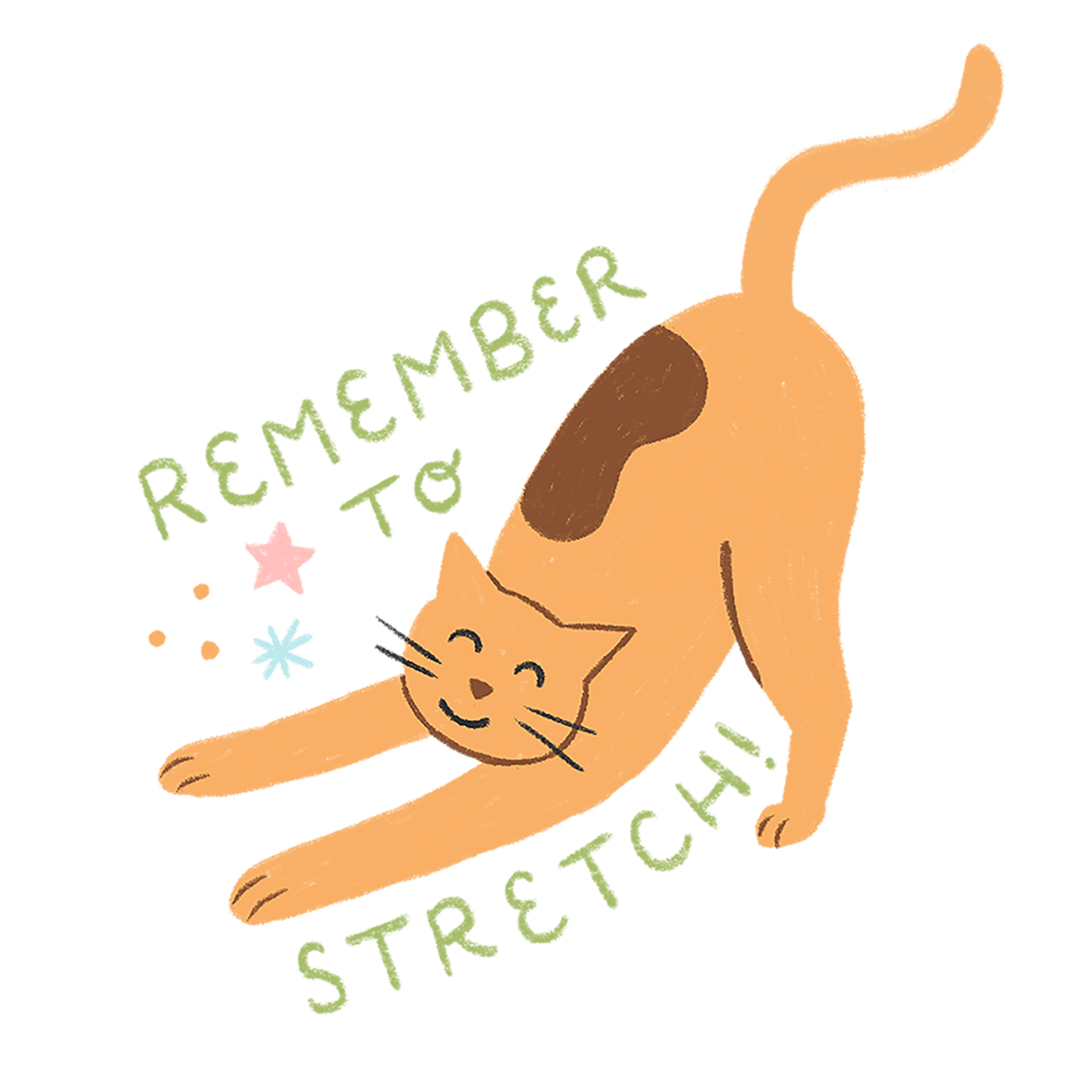 An illustration of a orange cat stretching, with th ewords 