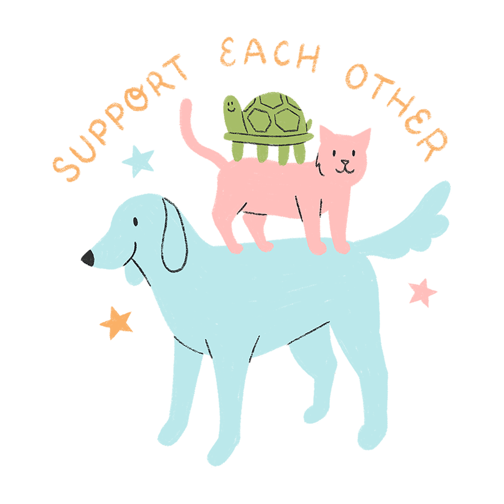 An illustration of a dog, cat, and turtle stacked on top of each other with the words 