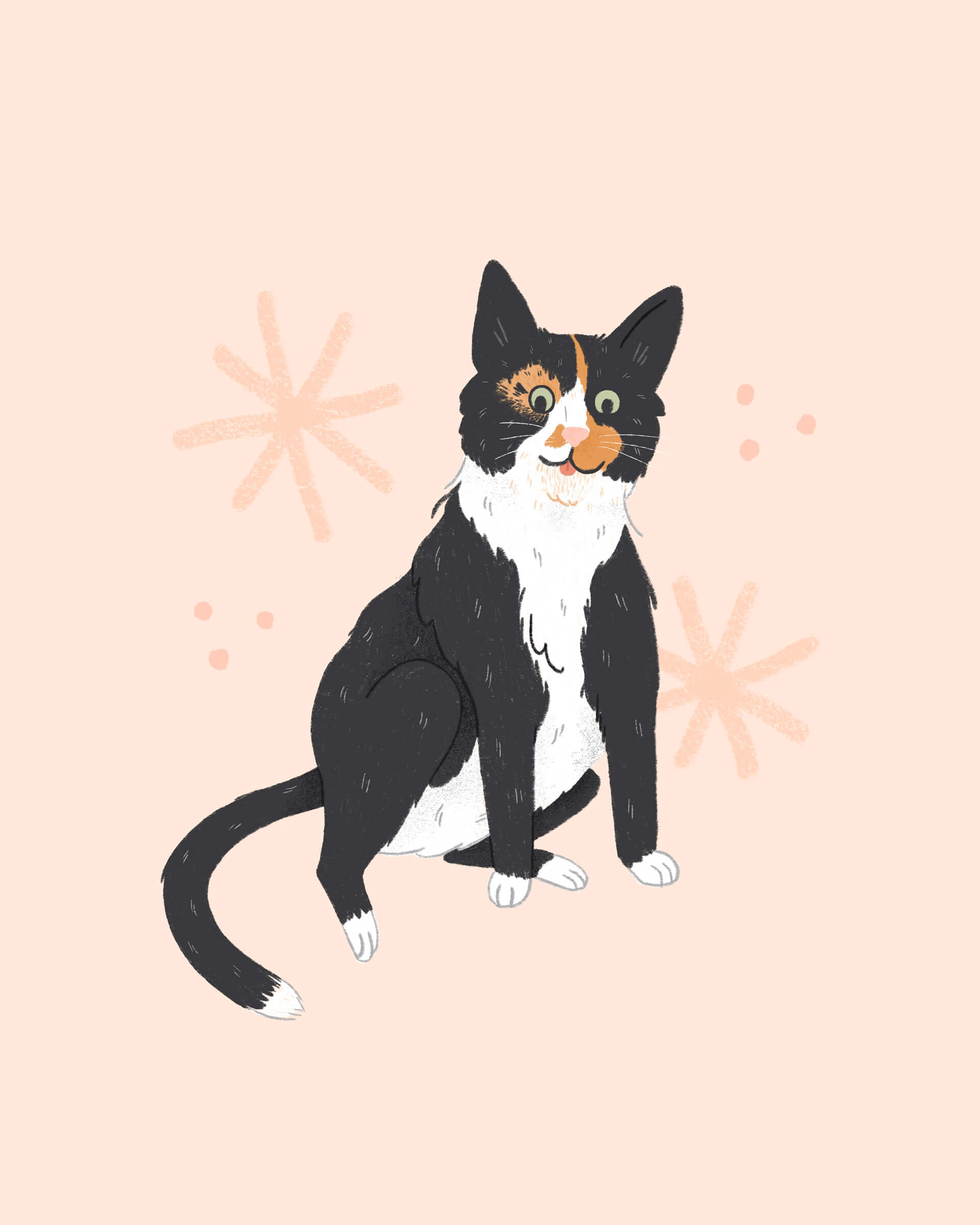 An illustration of a cat doing a side sit on a pink background