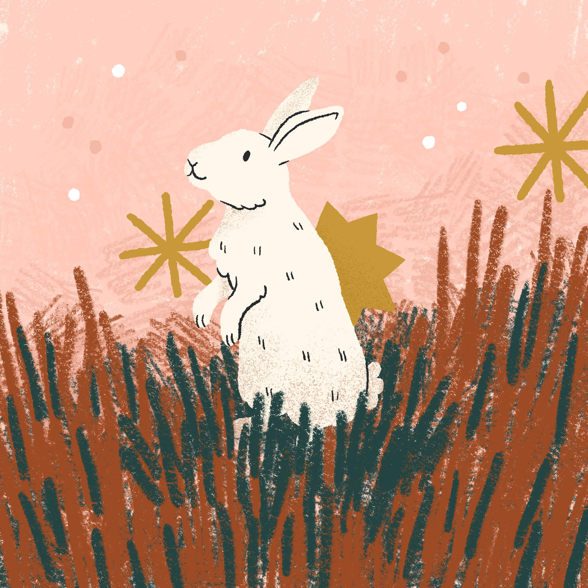 An illustration of a white rabbit standing up and looking around. It is surrounded by orange and green grass with a pink background