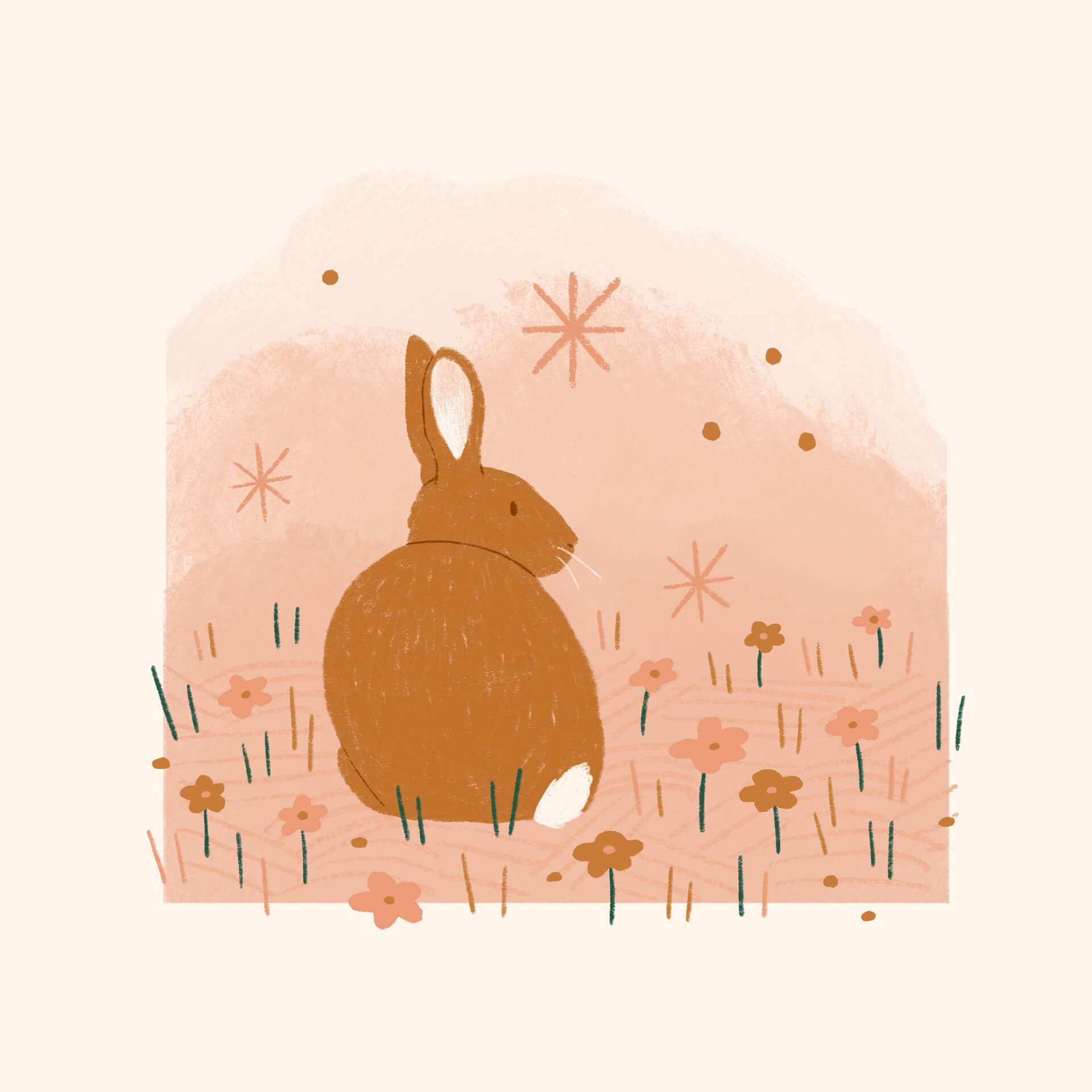 An illustration of an orange rabbit sitting with its back to the viewer, on a pink watercolour background