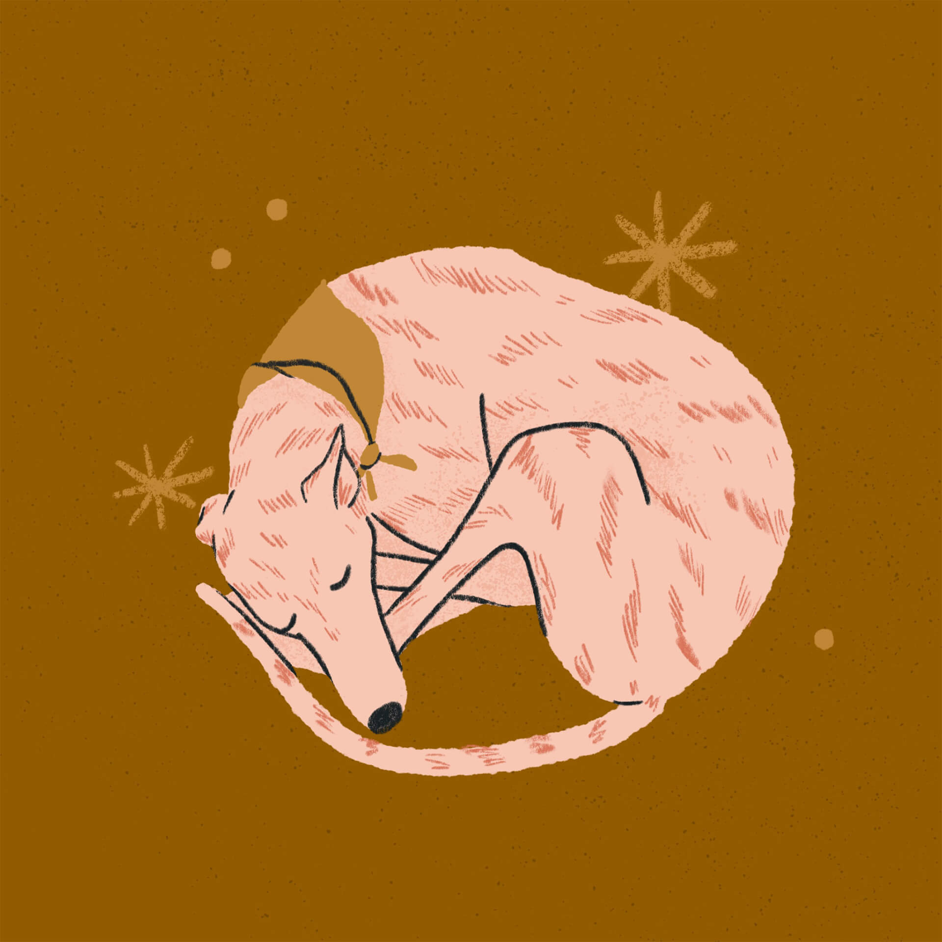 An illustration of a pink greyhound curled up asleep on an orange background