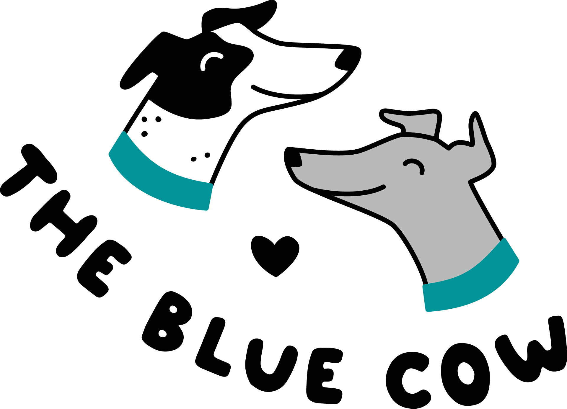 The Blue Cow logo, two smiling greyhounds in blue collars