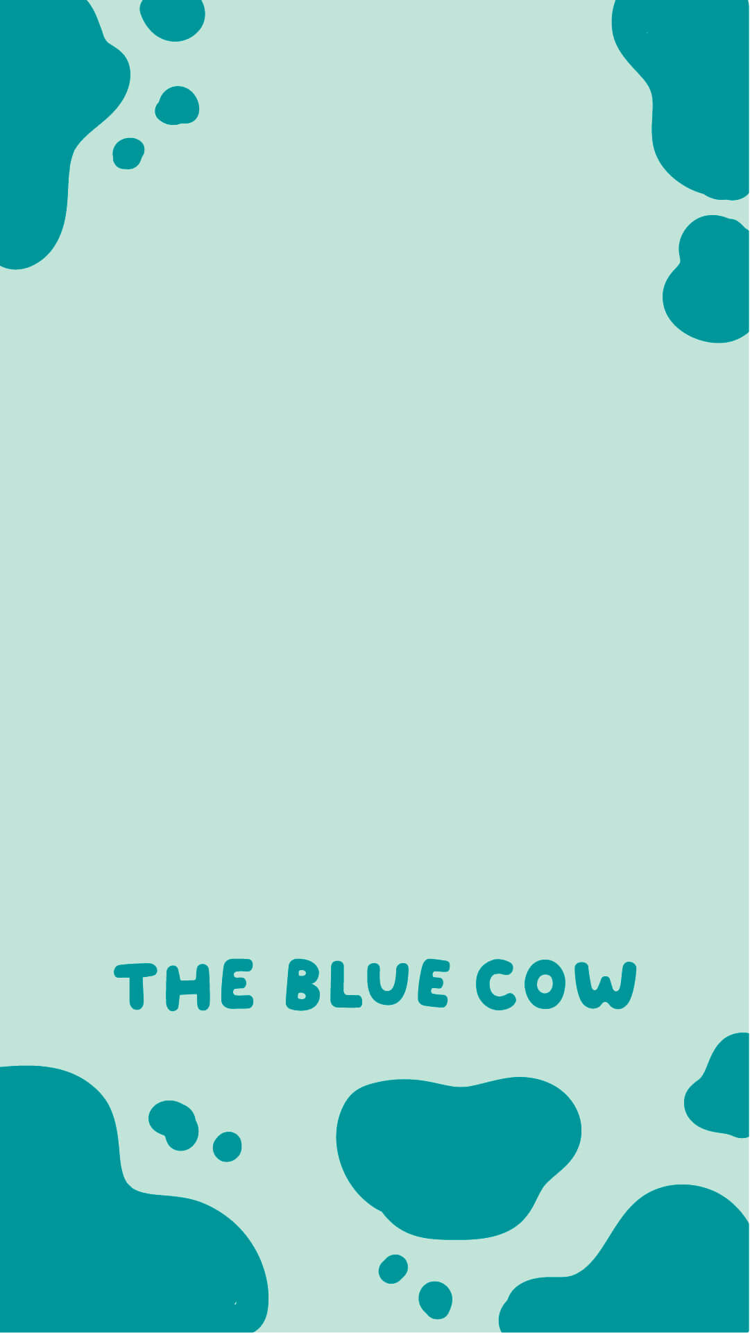 A light blue rectangle with the words The Blue Cow with a blue cow print border